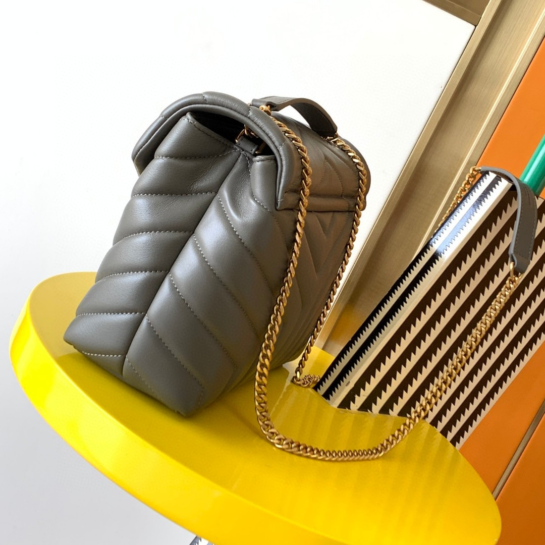 YSL LOULOU SMALL IN QUILTED LEATHER GRAY GOLD 9 X 6.1 X 3.3 INCHES