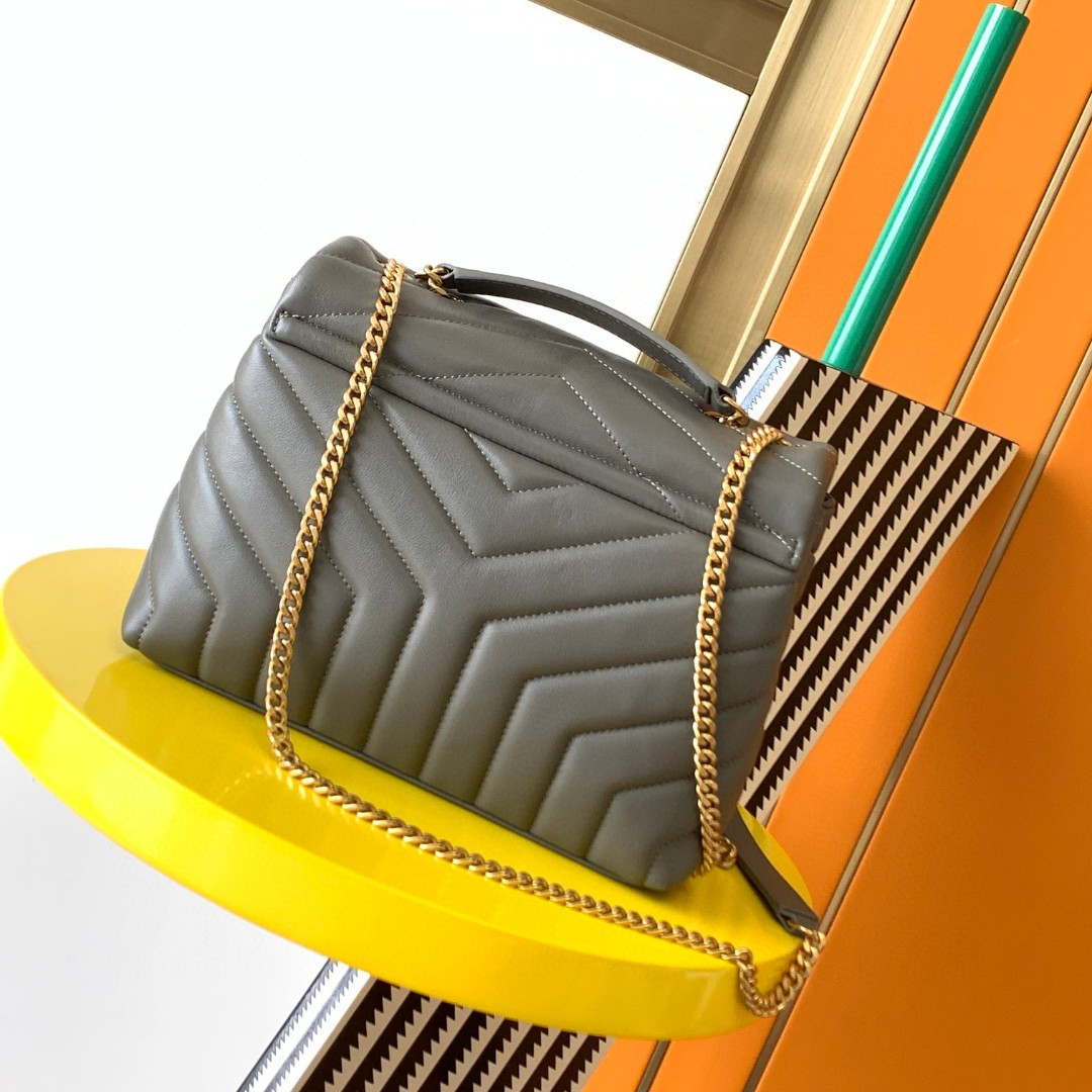 YSL LOULOU SMALL IN QUILTED LEATHER GRAY GOLD 9 X 6.1 X 3.3 INCHES