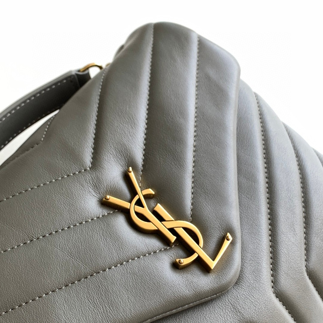 YSL LOULOU SMALL IN QUILTED LEATHER GRAY GOLD 9 X 6.1 X 3.3 INCHES