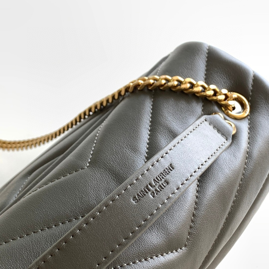 YSL LOULOU SMALL IN QUILTED LEATHER GRAY GOLD 9 X 6.1 X 3.3 INCHES
