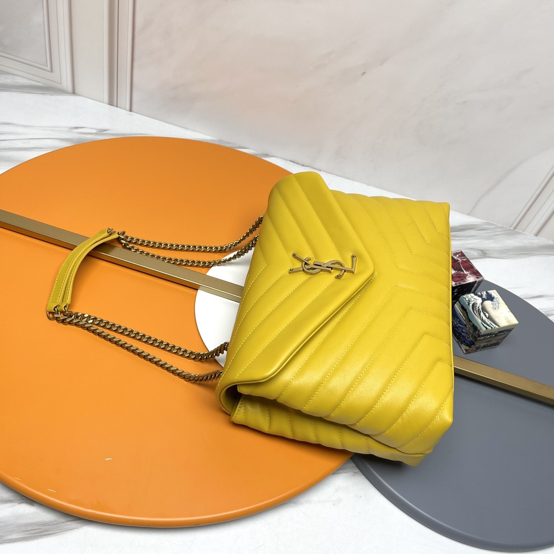 YSL LOULOU MEDIUM IN QUILTED LEATHER YELLOW 12.5 X 8.6 X 3.5 INCHES