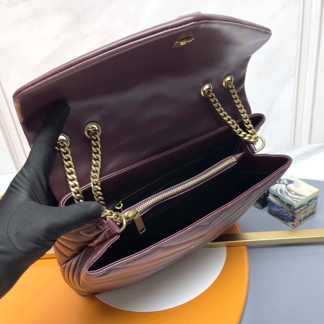 YSL LOULOU MEDIUM IN QUILTED LEATHER DARK RED 12.5 X 8.6 X 3.5 INCHES