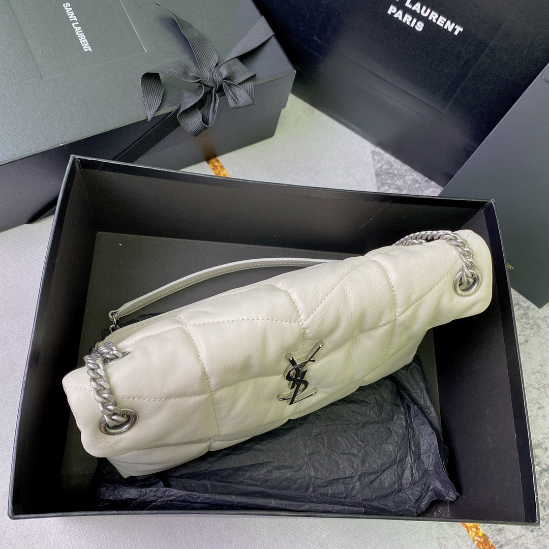 YSL PUFFER SMALL IN NAPPA LEATHER WHITE SILVER 11.4 X 6.6 X 4.3 INCHES