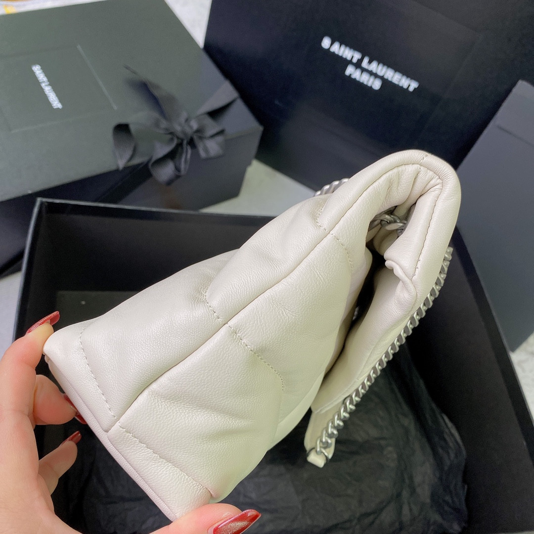 YSL PUFFER SMALL IN NAPPA LEATHER WHITE SILVER 11.4 X 6.6 X 4.3 INCHES