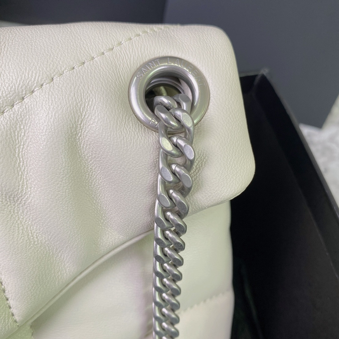 YSL PUFFER SMALL IN NAPPA LEATHER WHITE SILVER 11.4 X 6.6 X 4.3 INCHES