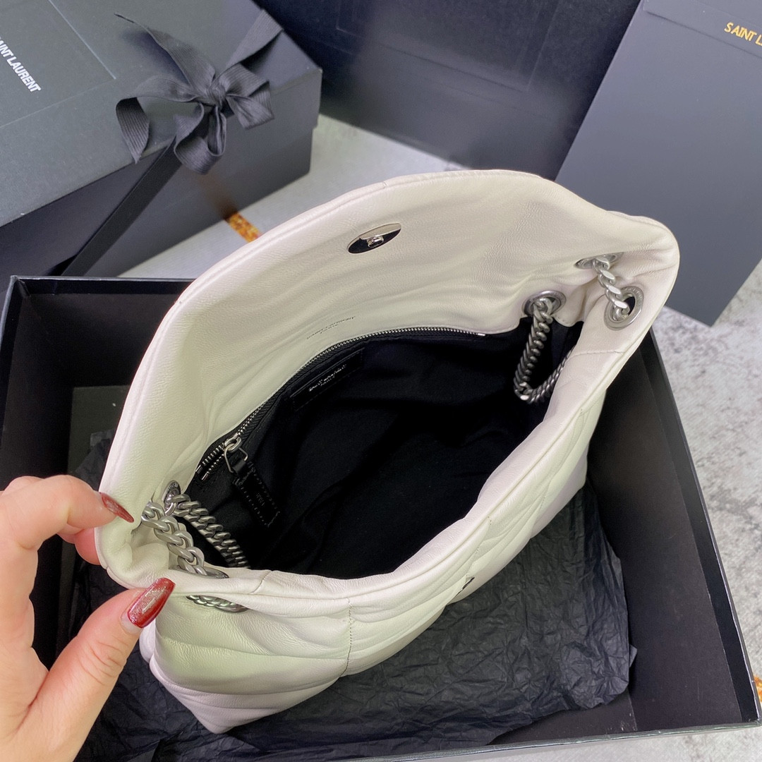 YSL PUFFER SMALL IN NAPPA LEATHER WHITE SILVER 11.4 X 6.6 X 4.3 INCHES