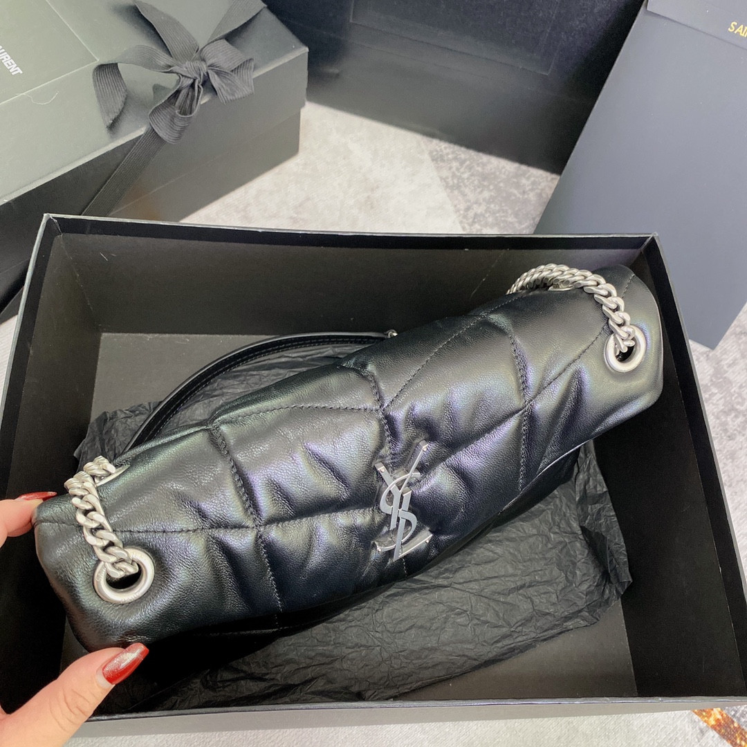 YSL PUFFER SMALL IN NAPPA LEATHER BLACK SILVER 11.4 X 6.6 X 4.3 INCHES