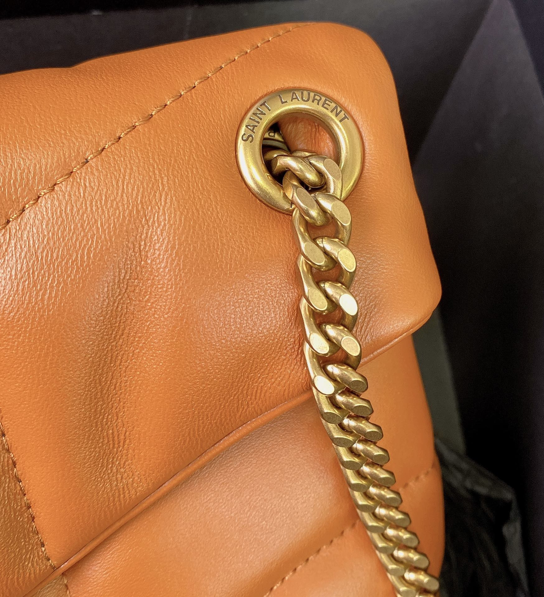 YSL PUFFER SMALL IN NAPPA LEATHER ORANGE 11.4 X 6.6 X 4.3 INCHES