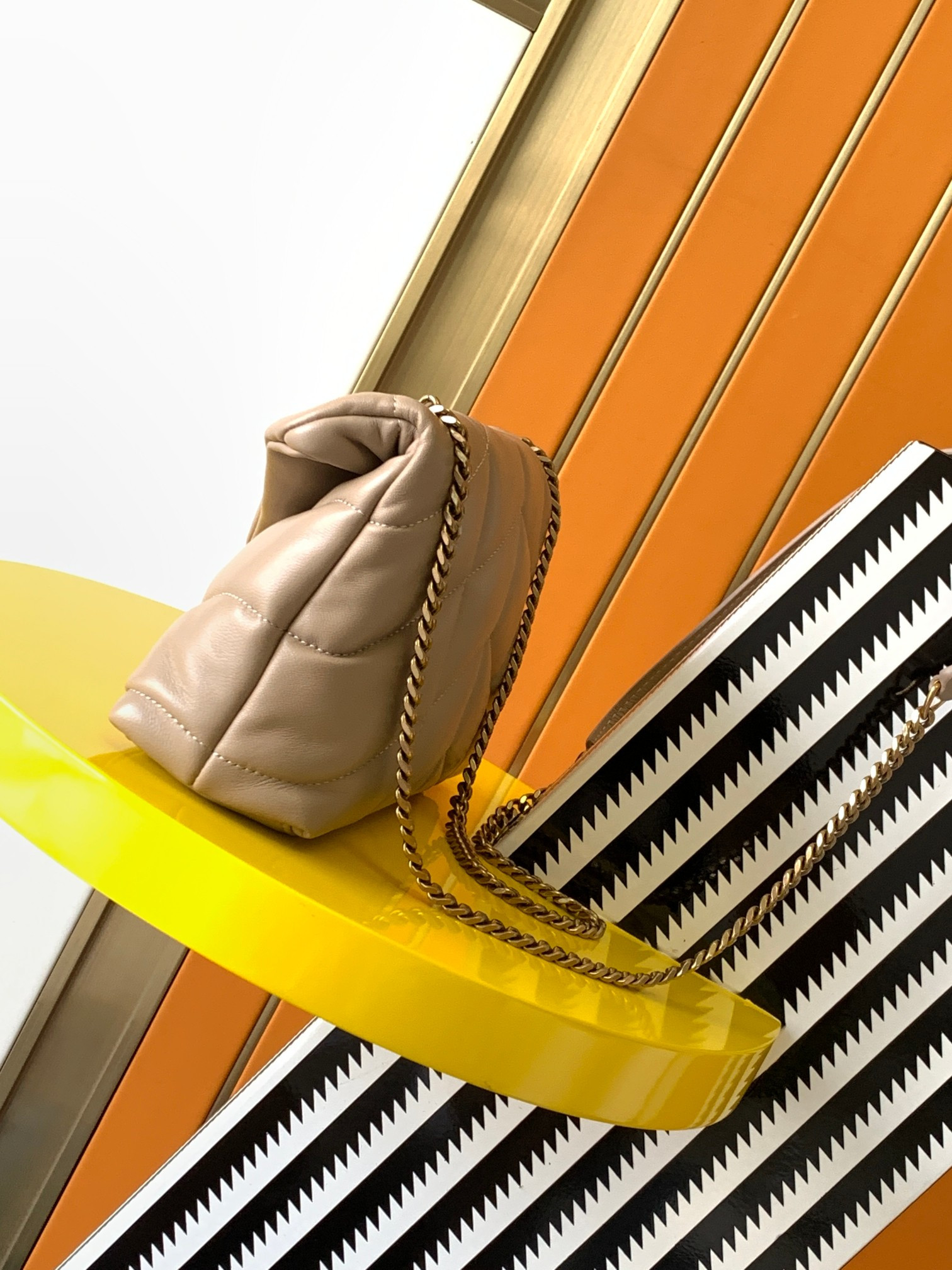 YSL PUFFER MEDIUM IN NAPPA LEATHER DARK BEIGE 13.7 X 9 X 5.3 INCHES