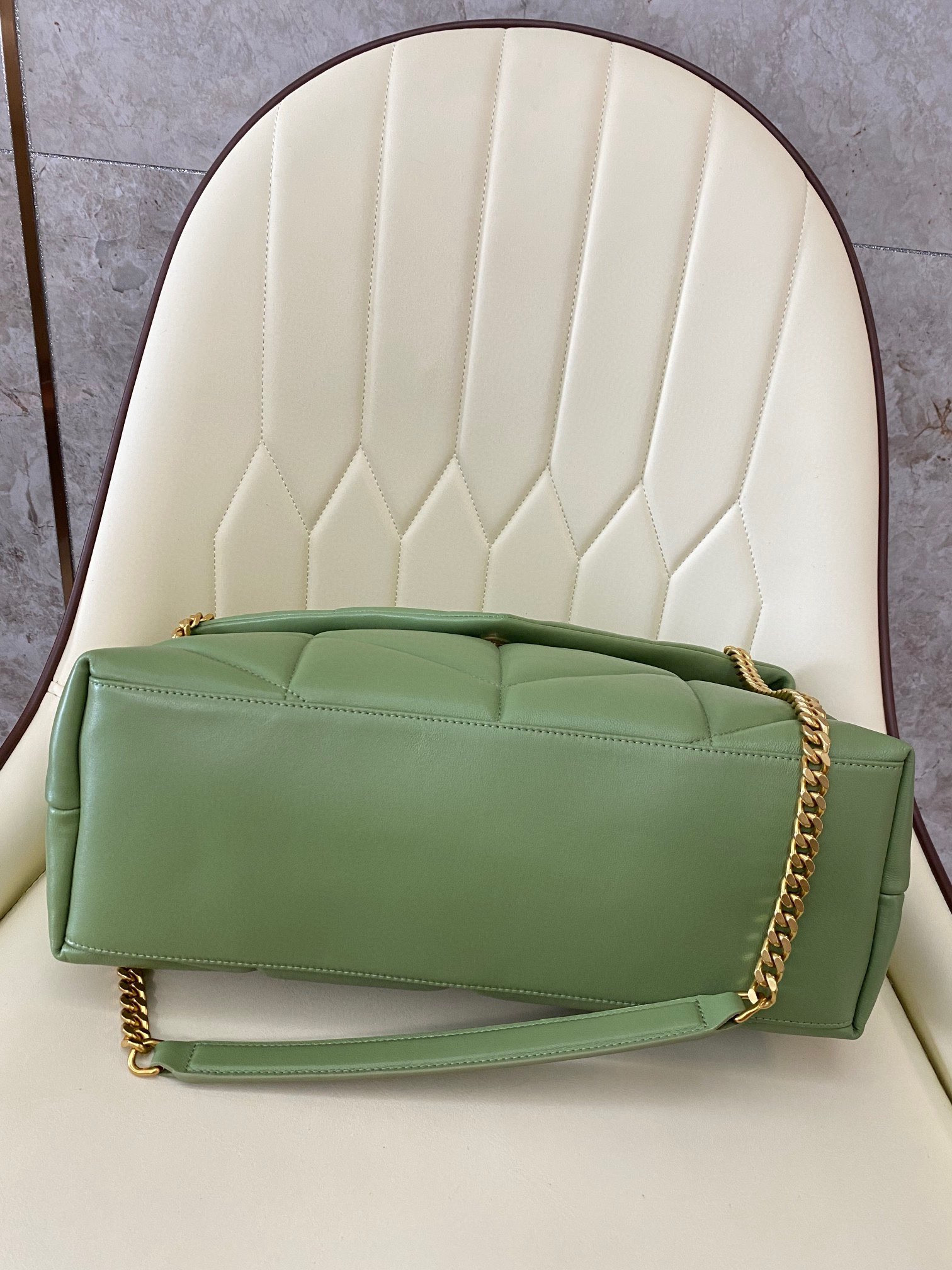 YSL PUFFER MEDIUM IN NAPPA LEATHER LIGHT GREEN 13.7 X 9 X 5.3 INCHES