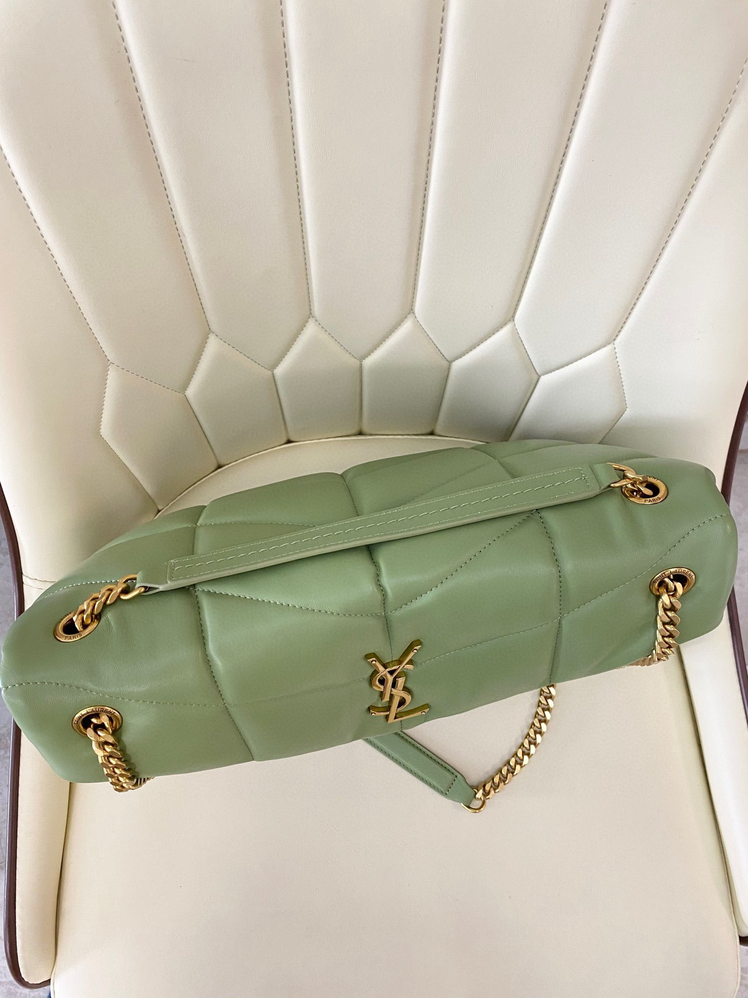 YSL PUFFER MEDIUM IN NAPPA LEATHER LIGHT GREEN 13.7 X 9 X 5.3 INCHES