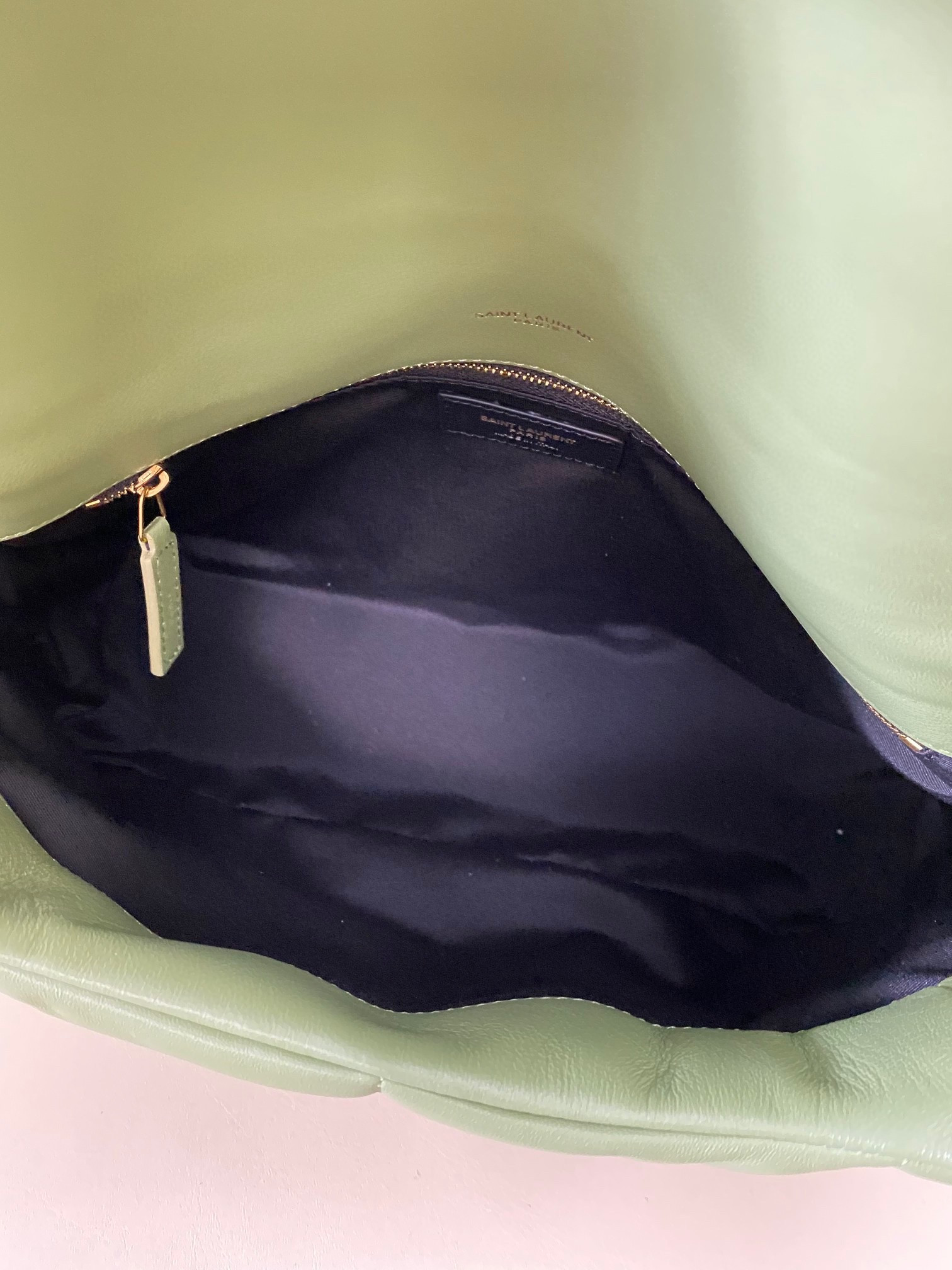 YSL PUFFER MEDIUM IN NAPPA LEATHER LIGHT GREEN 13.7 X 9 X 5.3 INCHES