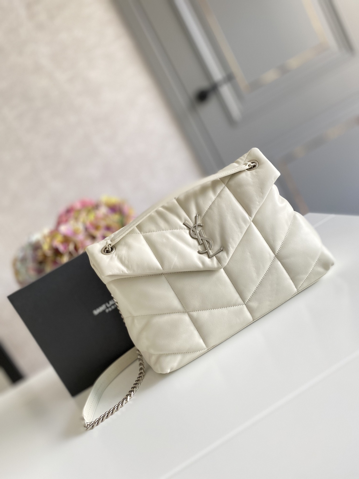 YSL PUFFER MEDIUM IN NAPPA LEATHER WHITE SILVER 13.7 X 9 X 5.3 INCHES