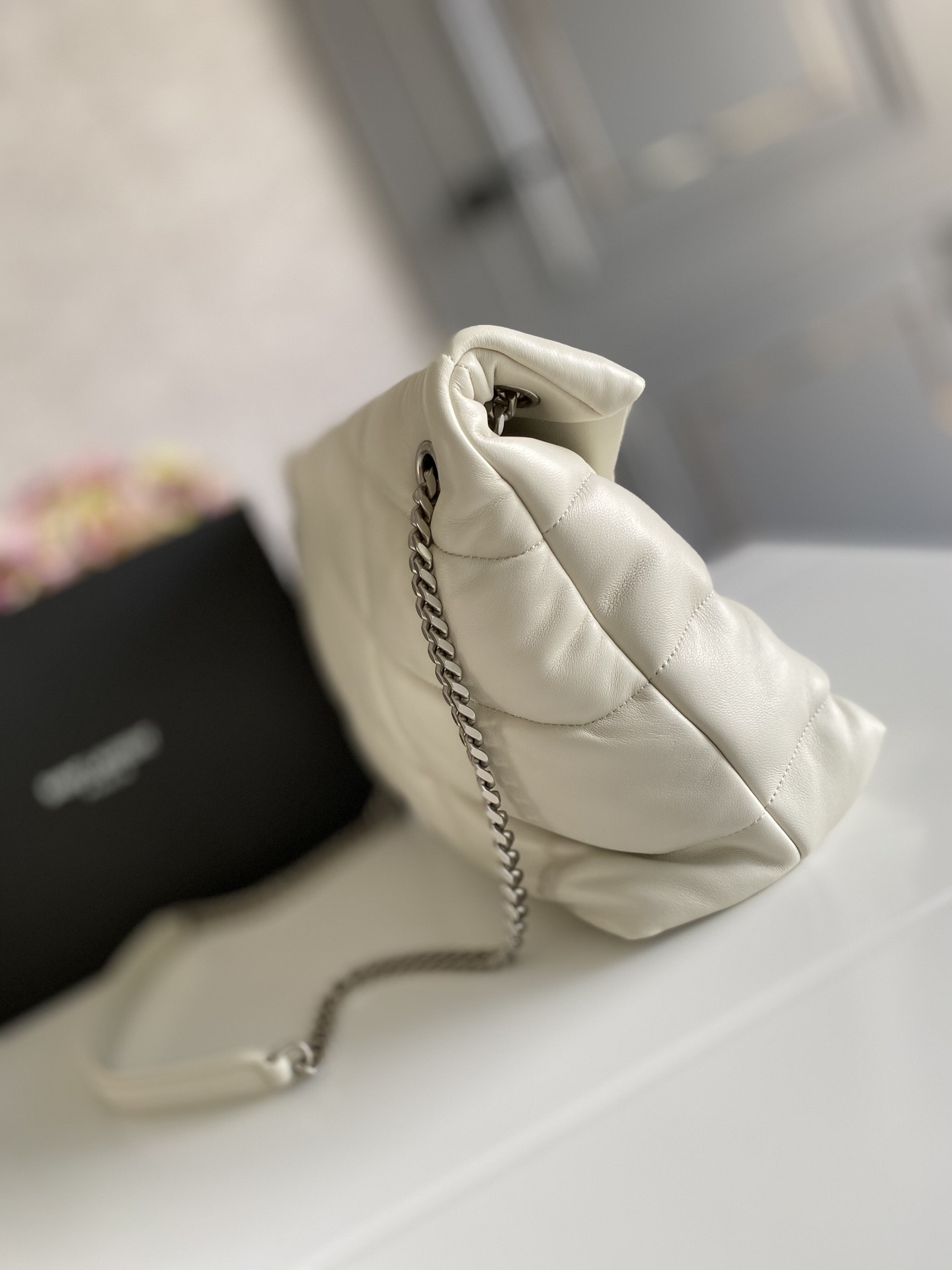 YSL PUFFER MEDIUM IN NAPPA LEATHER WHITE SILVER 13.7 X 9 X 5.3 INCHES