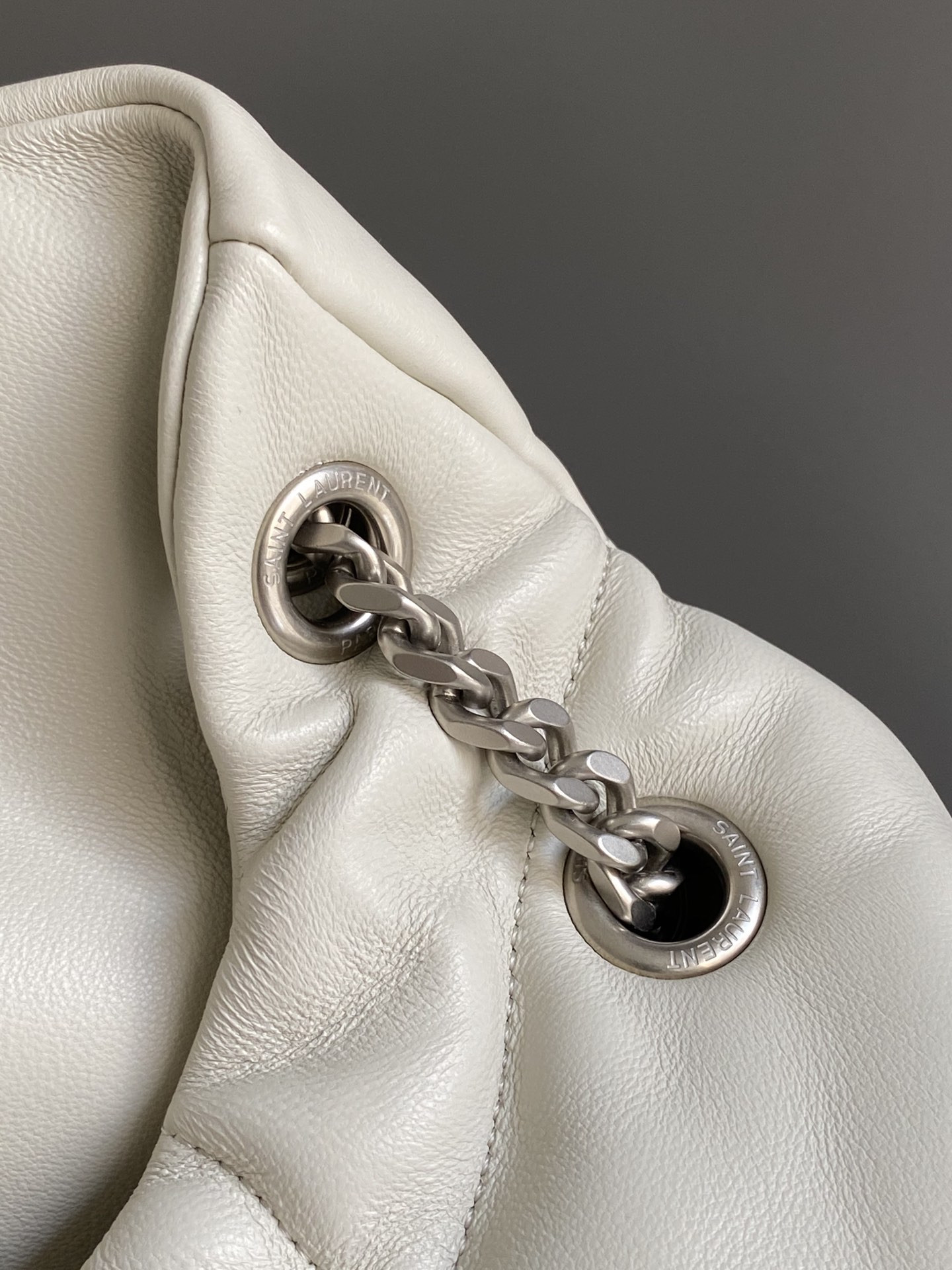 YSL PUFFER MEDIUM IN NAPPA LEATHER WHITE SILVER 13.7 X 9 X 5.3 INCHES