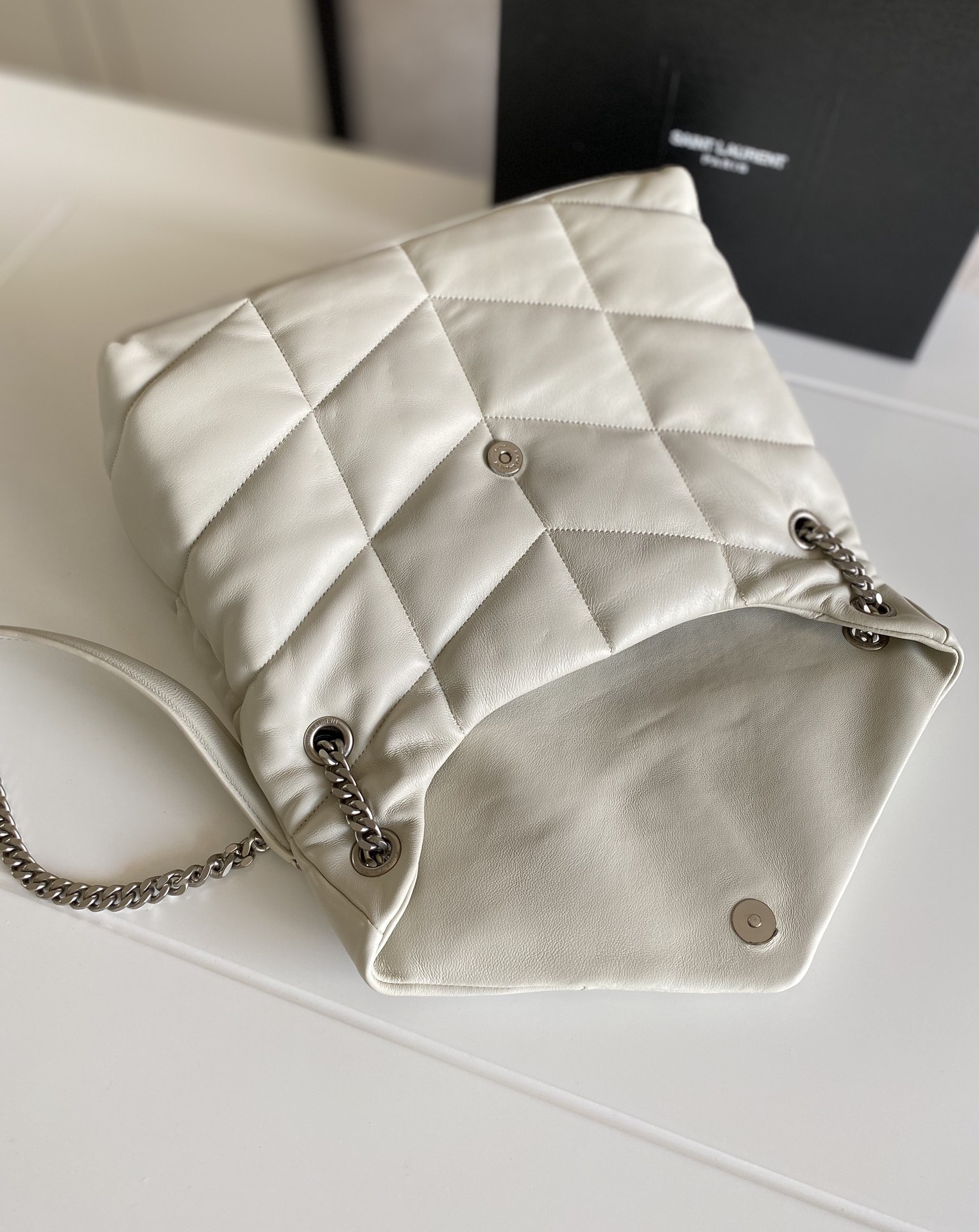 YSL PUFFER MEDIUM IN NAPPA LEATHER WHITE SILVER 13.7 X 9 X 5.3 INCHES