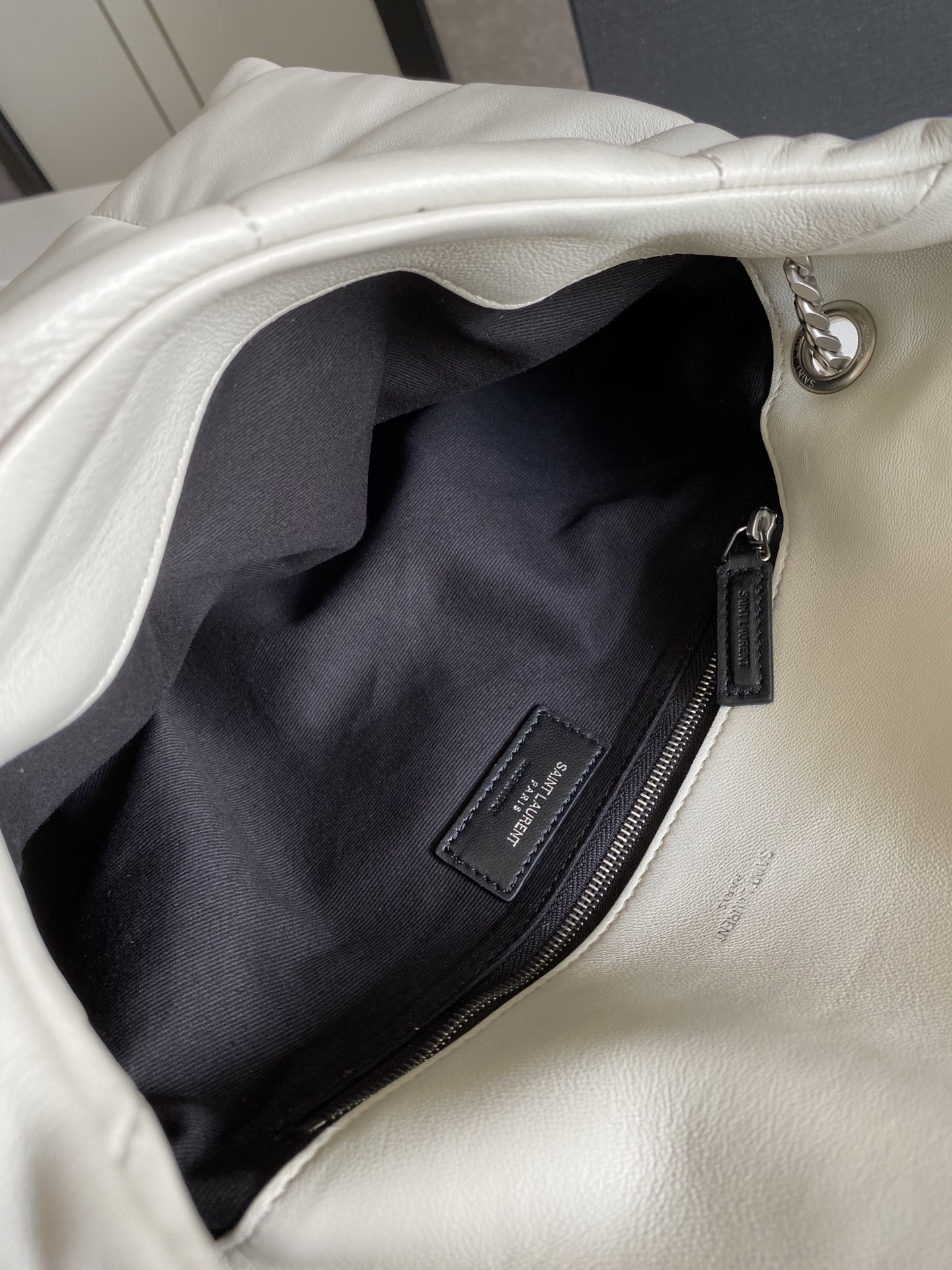 YSL PUFFER MEDIUM IN NAPPA LEATHER WHITE SILVER 13.7 X 9 X 5.3 INCHES