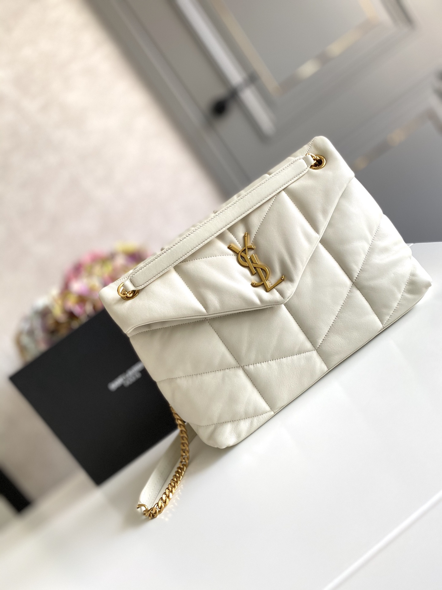 YSL PUFFER MEDIUM IN NAPPA LEATHER WHITE 13.7 X 9 X 5.3 INCHES