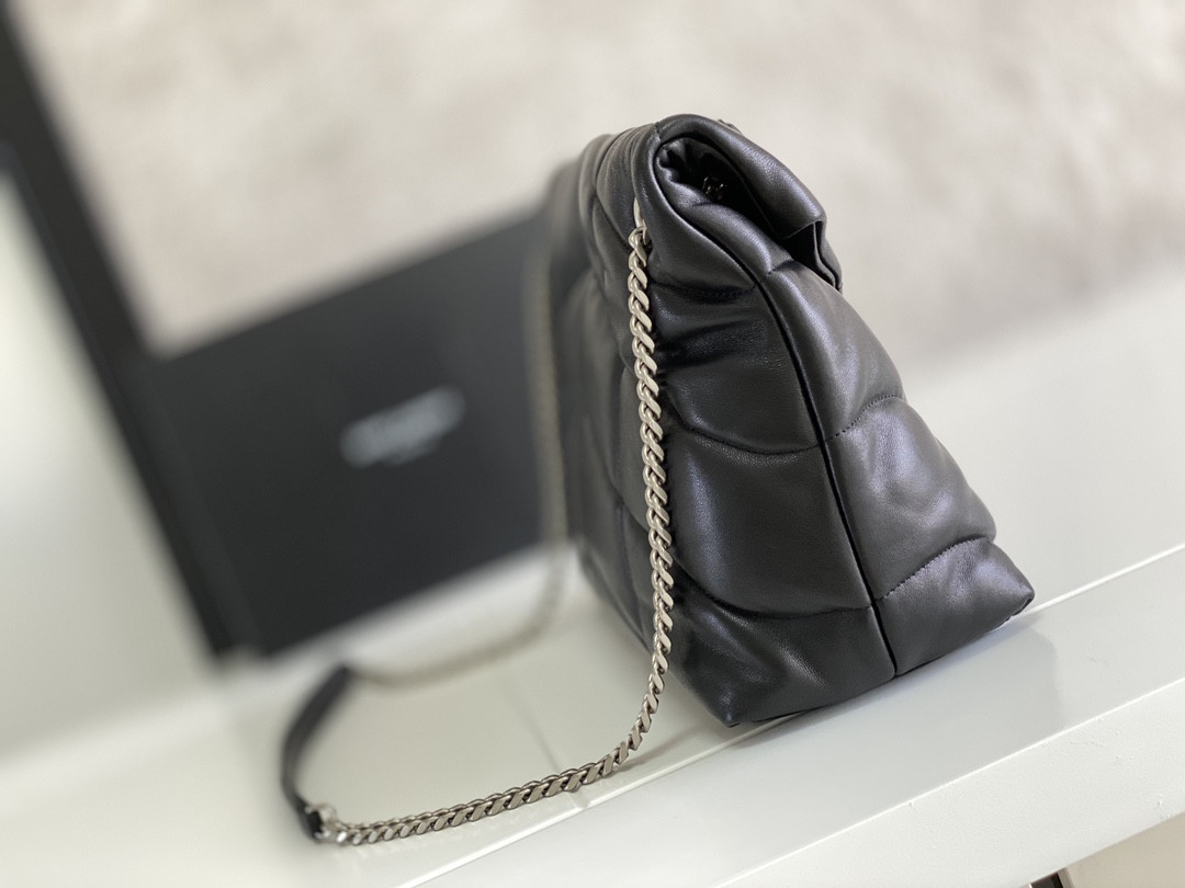 YSL LOULOU PUFFER MEDIUM IN NAPPA LEATHER BLACK SILVER 13.7 X 9 X 5.3 INCHES