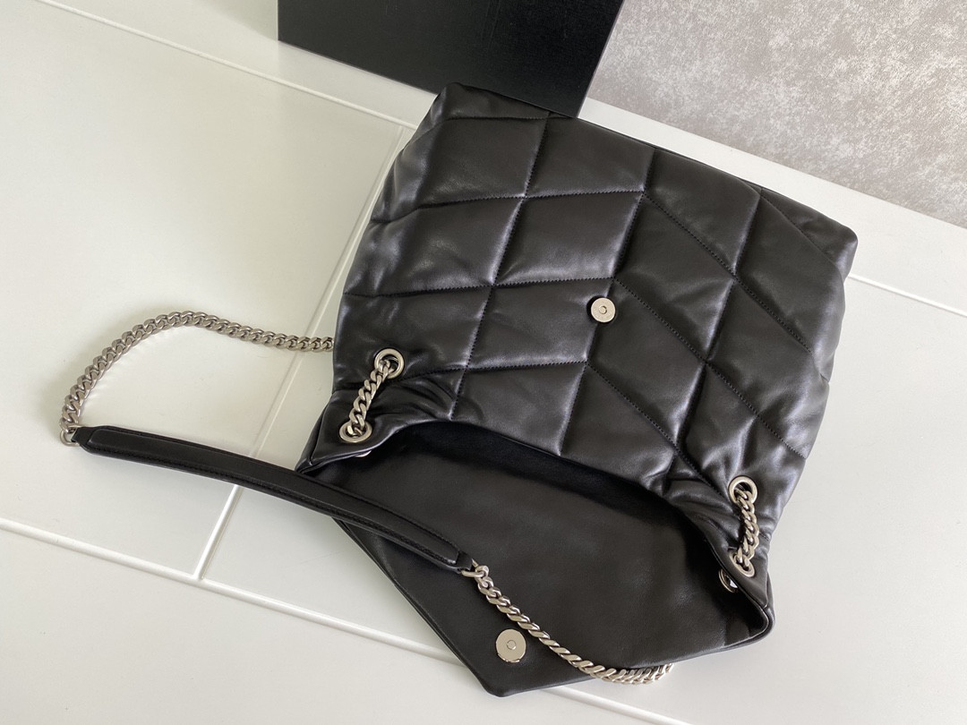 YSL LOULOU PUFFER MEDIUM IN NAPPA LEATHER BLACK SILVER 13.7 X 9 X 5.3 INCHES