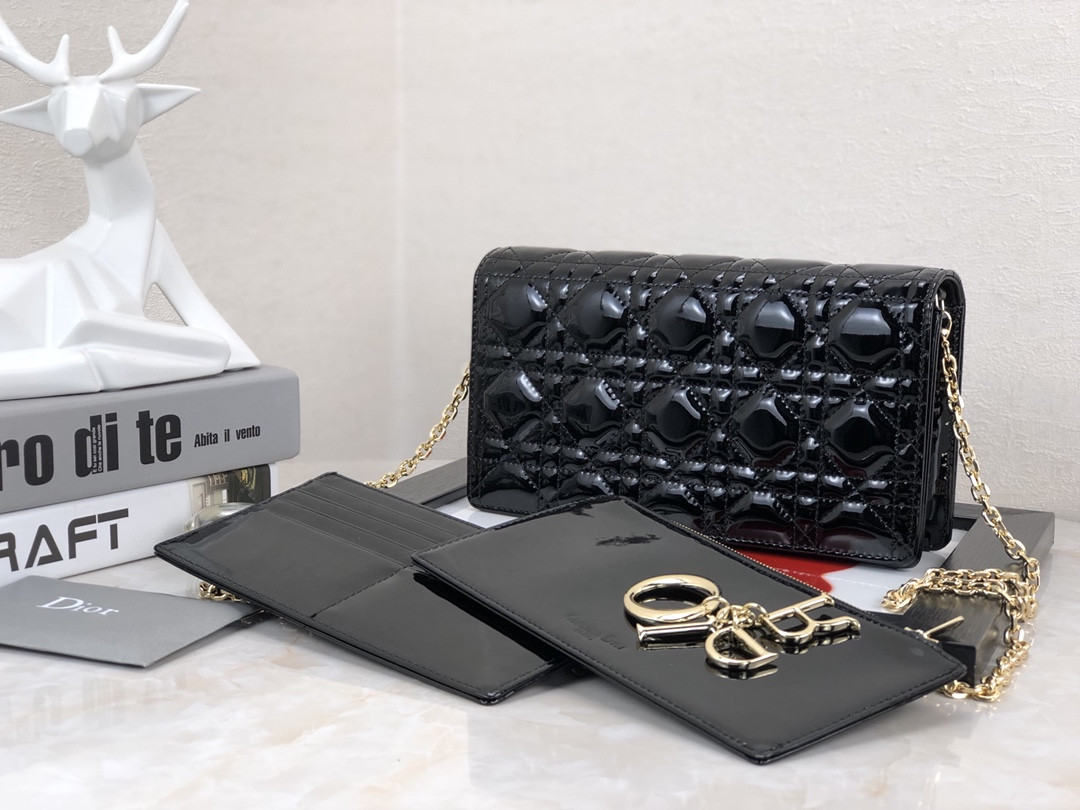 Lady Dior Pouch Black Patent Cannage Calfskin 8.5 x 4.5 x 1 inches