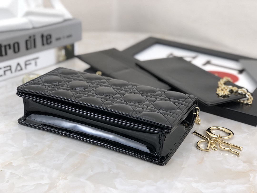 Lady Dior Pouch Black Patent Cannage Calfskin 8.5 x 4.5 x 1 inches