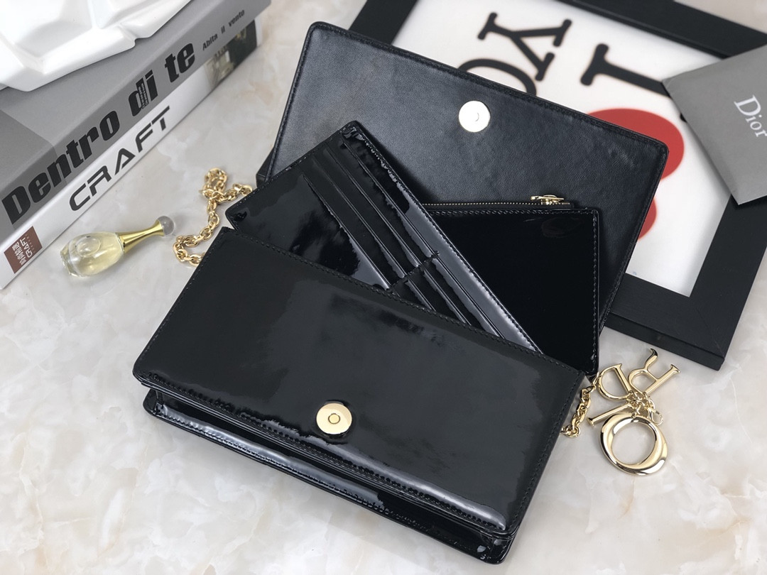 Lady Dior Pouch Black Patent Cannage Calfskin 8.5 x 4.5 x 1 inches