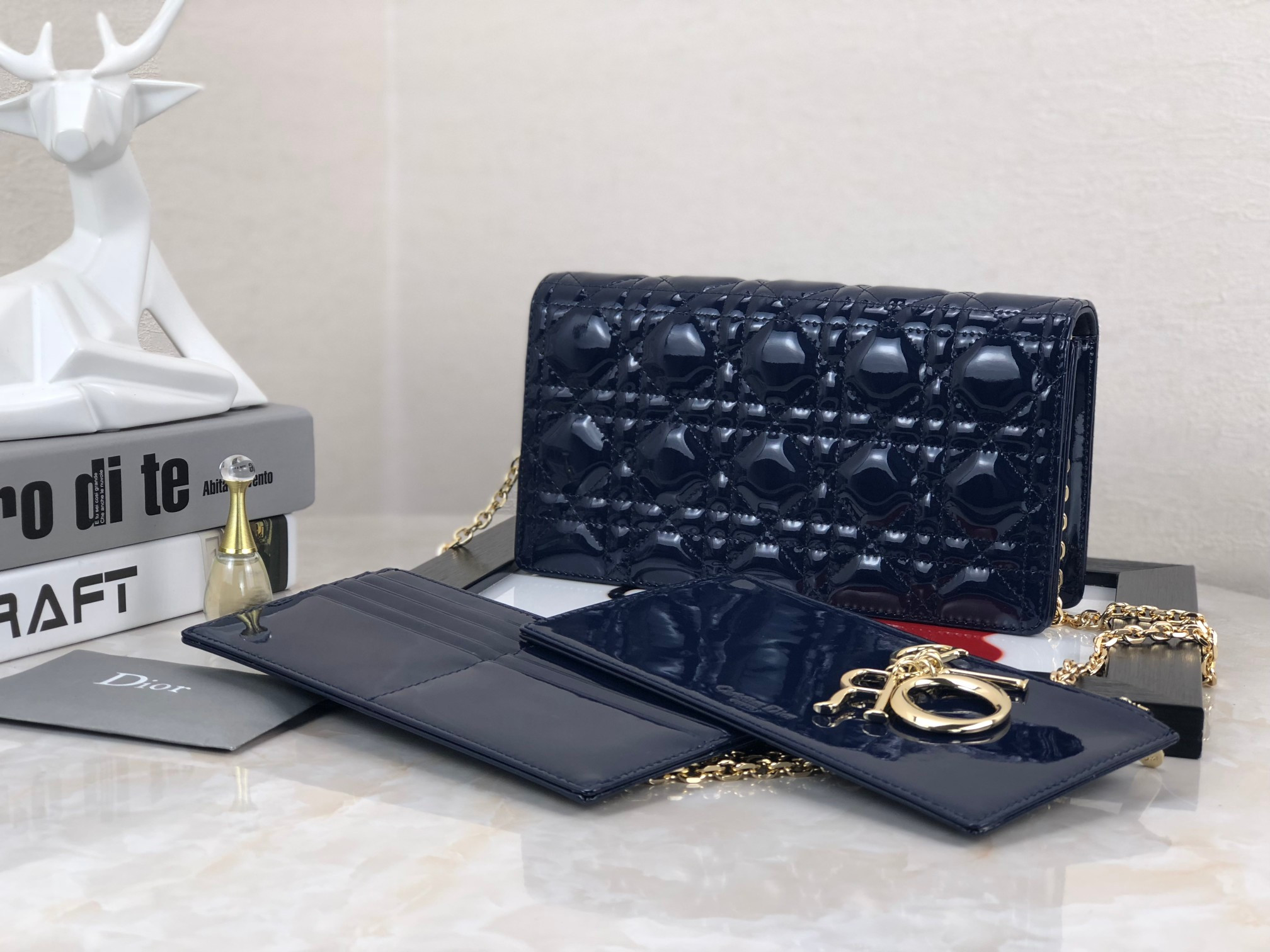 Lady Dior Pouch Navy Patent Cannage Calfskin 8.5 x 4.5 x 1 inches