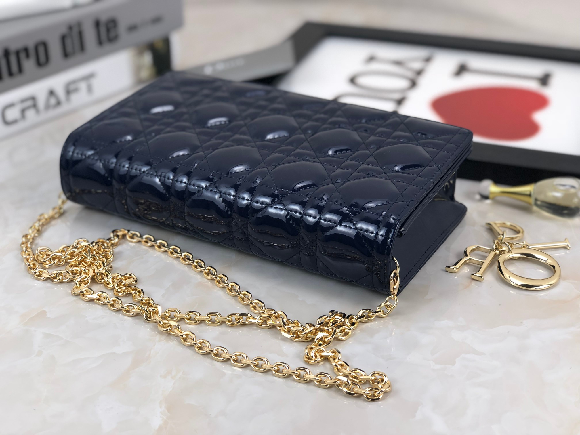 Lady Dior Pouch Navy Patent Cannage Calfskin 8.5 x 4.5 x 1 inches