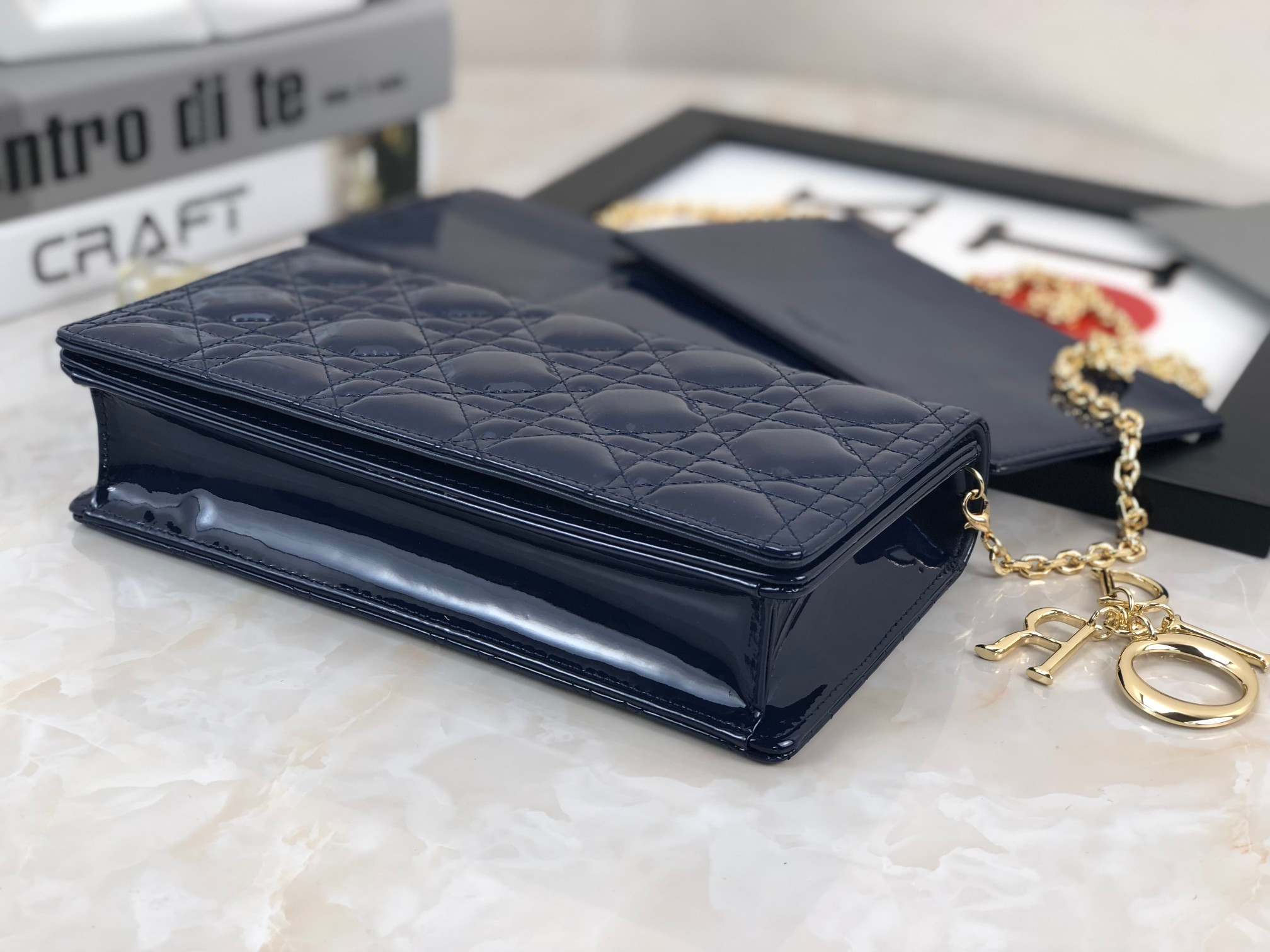 Lady Dior Pouch Navy Patent Cannage Calfskin 8.5 x 4.5 x 1 inches