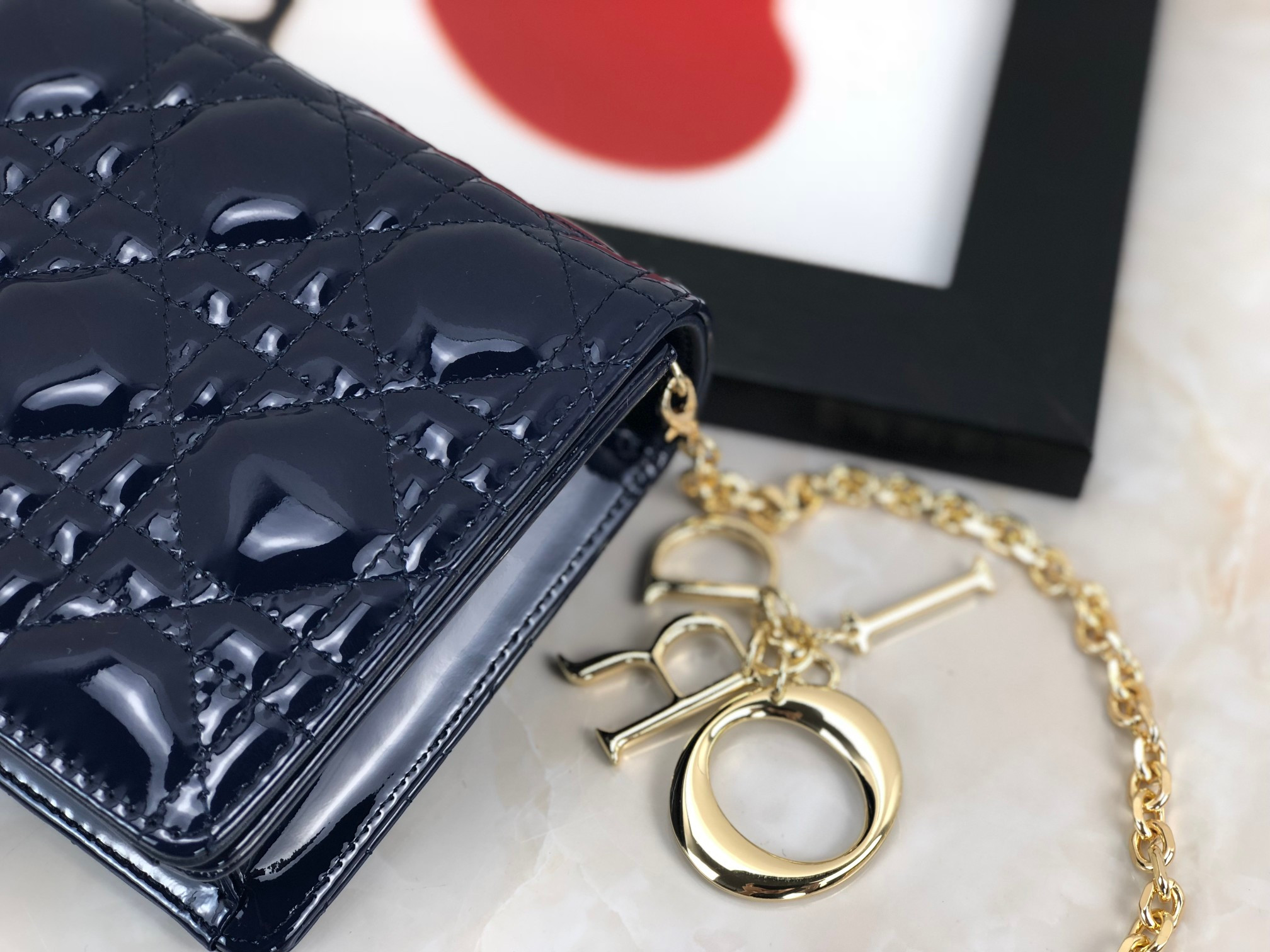 Lady Dior Pouch Navy Patent Cannage Calfskin 8.5 x 4.5 x 1 inches