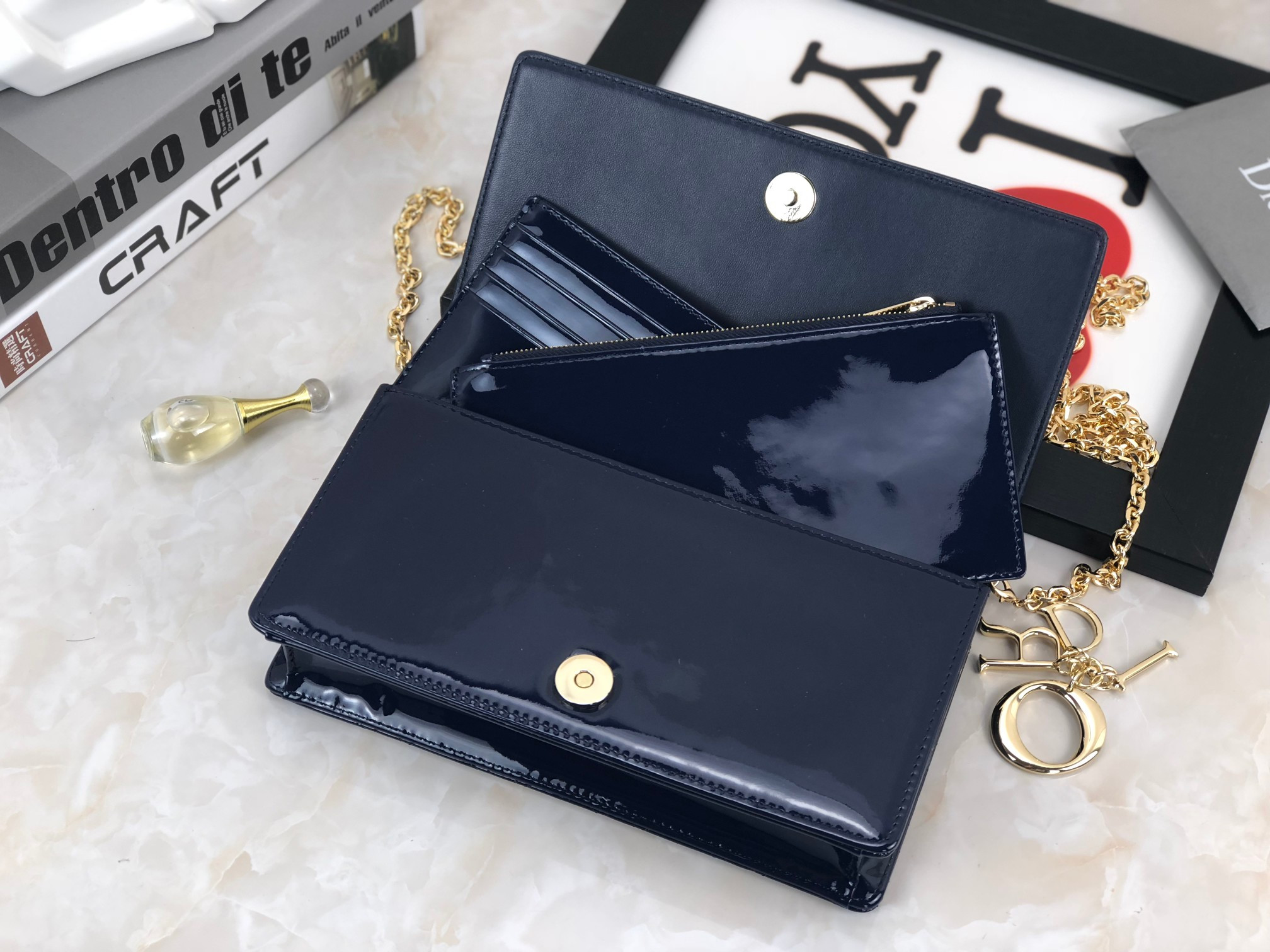 Lady Dior Pouch Navy Patent Cannage Calfskin 8.5 x 4.5 x 1 inches