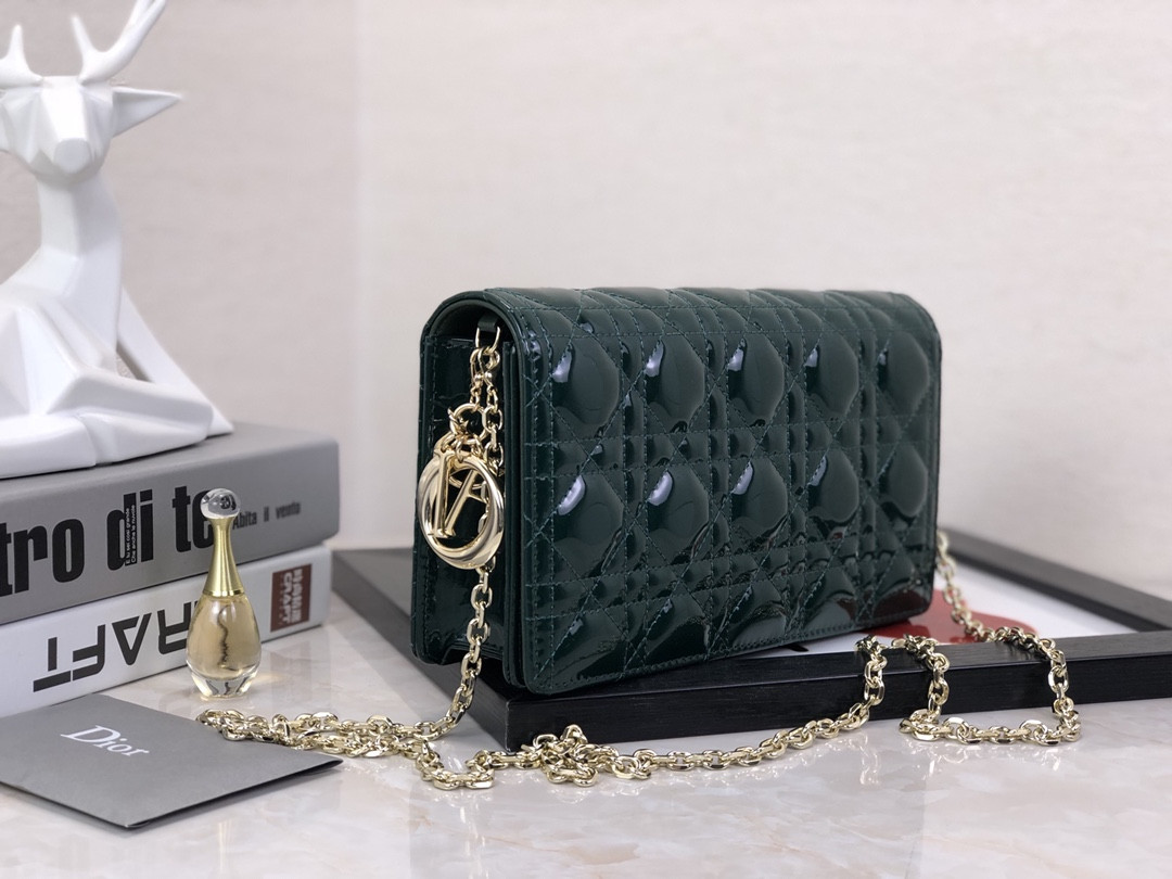 Lady Dior Pouch Dark Green Patent Cannage Calfskin 8.5 x 4.5 x 1 inches