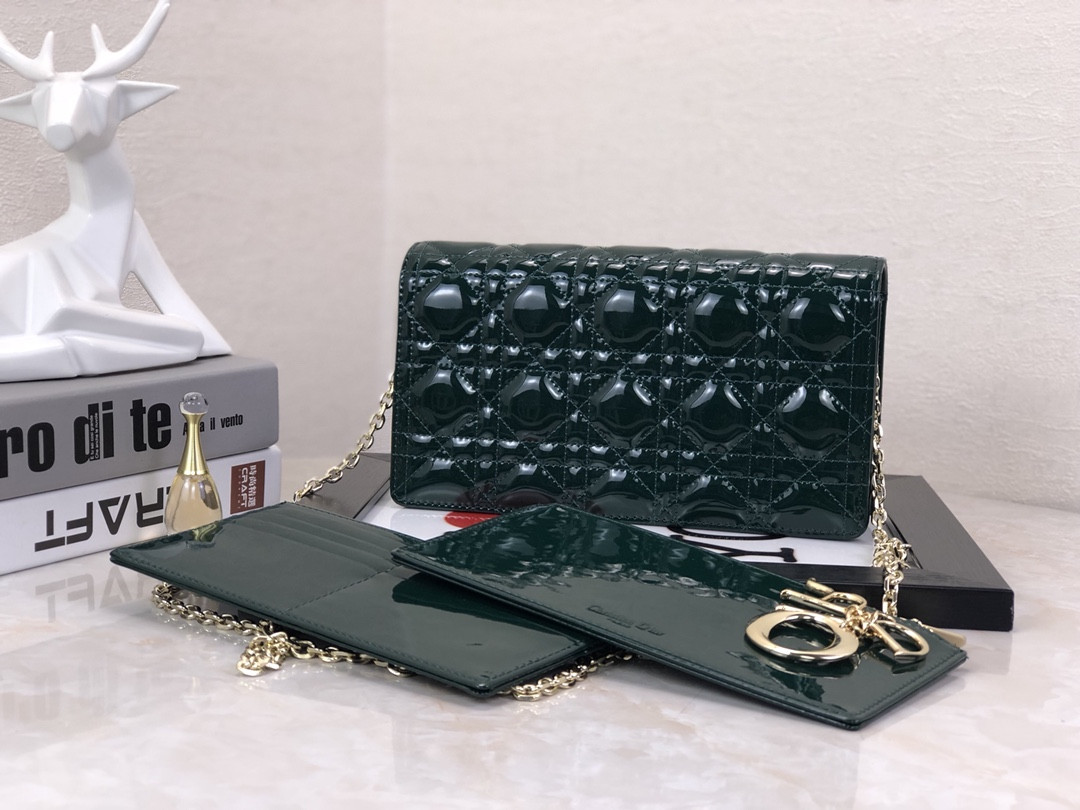 Lady Dior Pouch Dark Green Patent Cannage Calfskin 8.5 x 4.5 x 1 inches