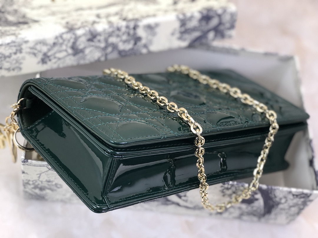 Lady Dior Pouch Dark Green Patent Cannage Calfskin 8.5 x 4.5 x 1 inches