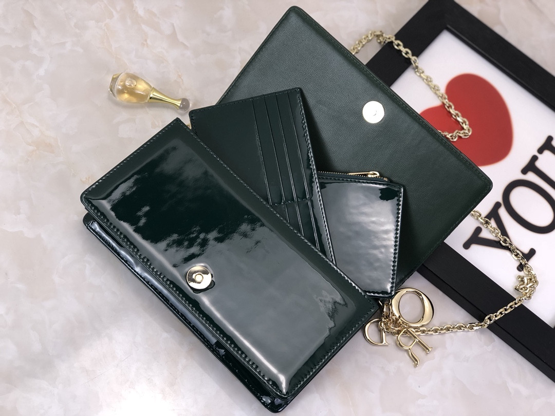 Lady Dior Pouch Dark Green Patent Cannage Calfskin 8.5 x 4.5 x 1 inches
