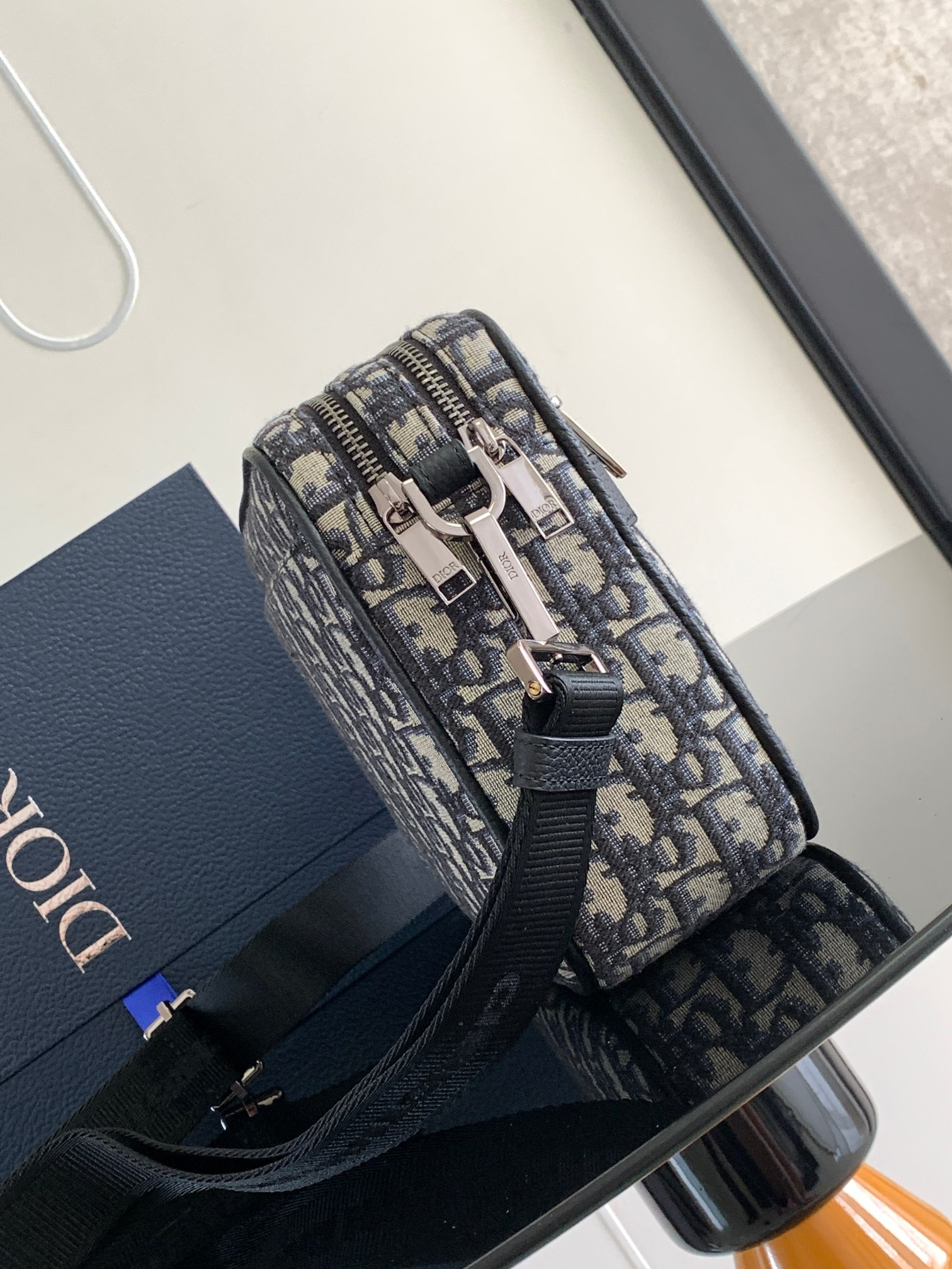 DIOR Maxi Safari Bag with Strap Beige and Black Dior Oblique Jacquard