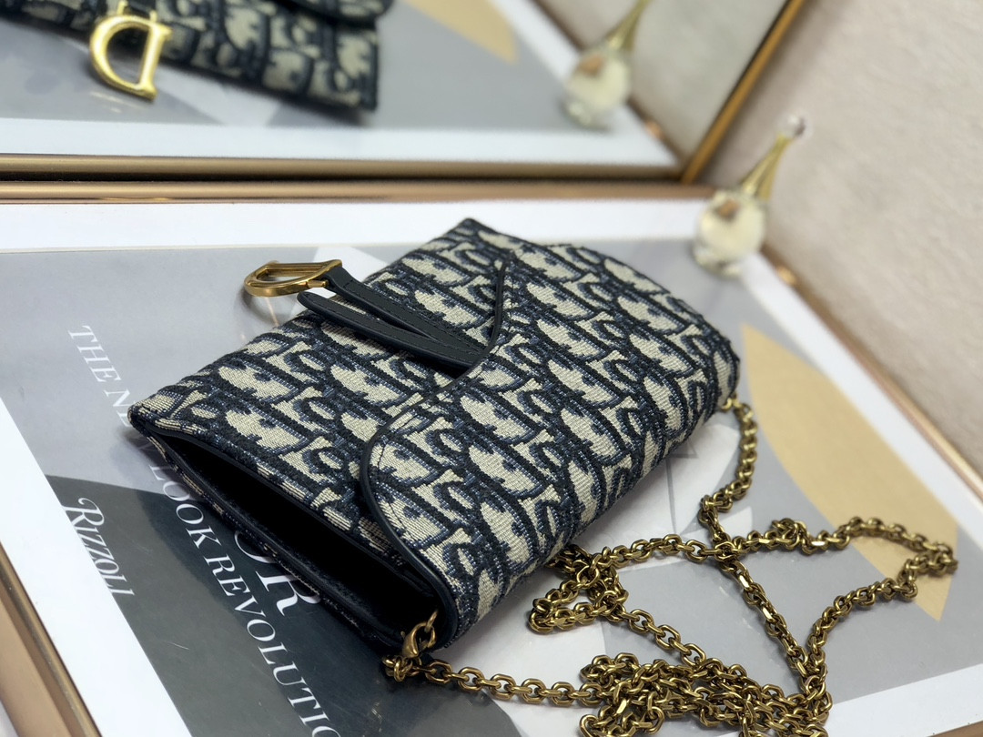 DIOR Saddle Pouch with Chain Blue Dior Oblique Jacquard 8.5 x 5 x 1.5 inches