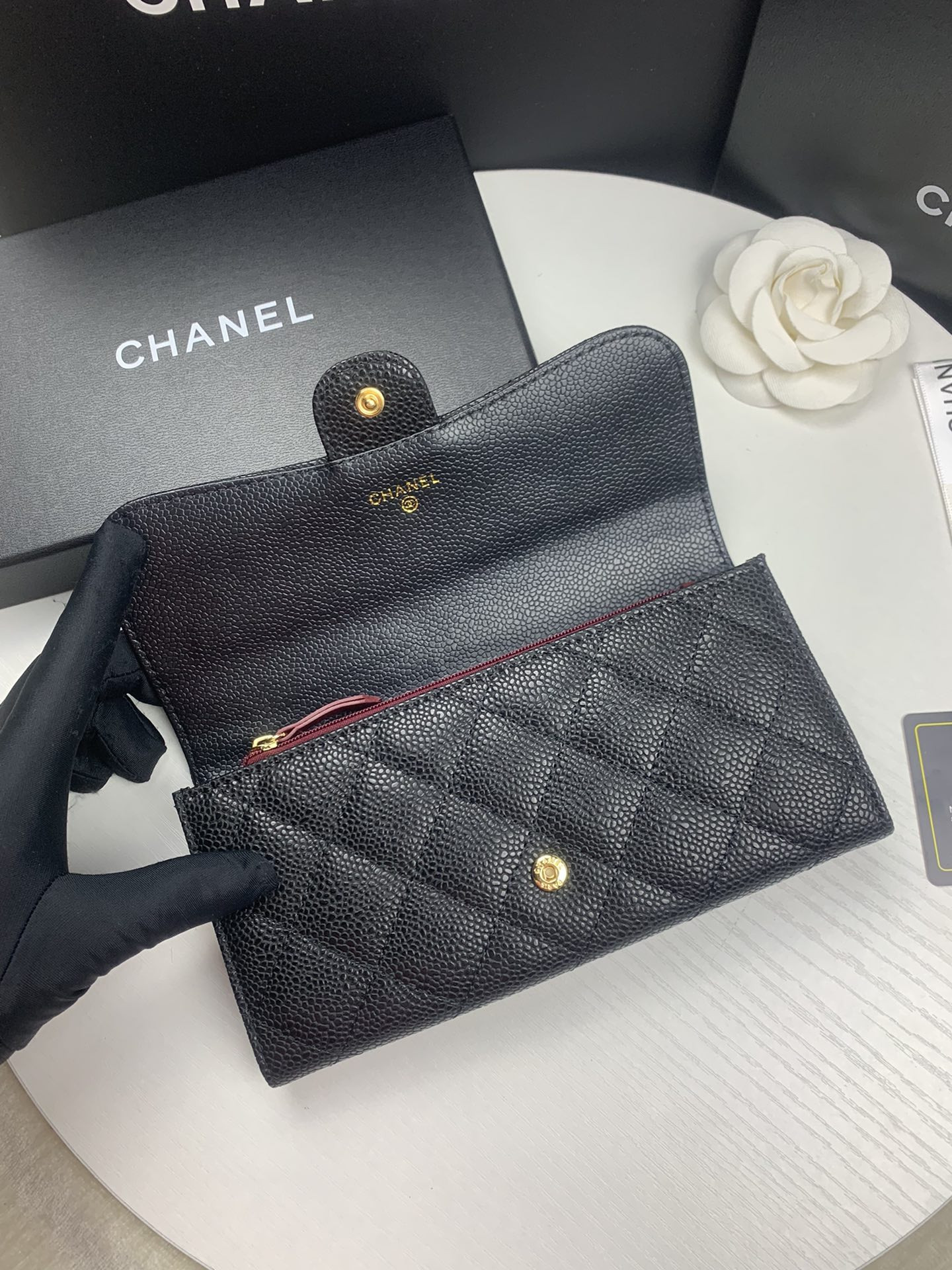 CHANEL FLAP WALLET GRAINED LEATHER BLACK GOLD 19.5 x10 cm