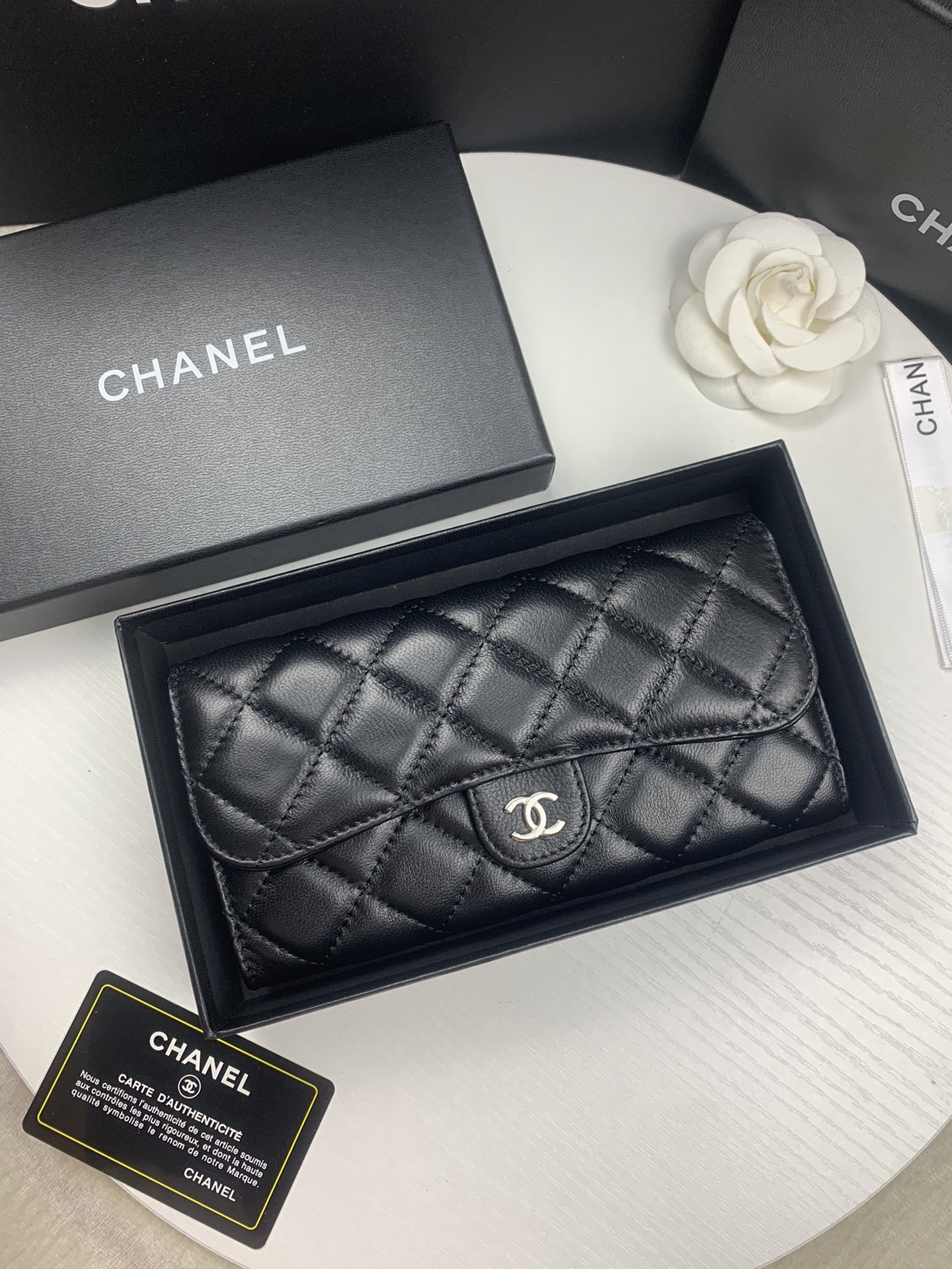 CHANEL FLAP WALLET BLACK SILVER 19.5 x10 cm