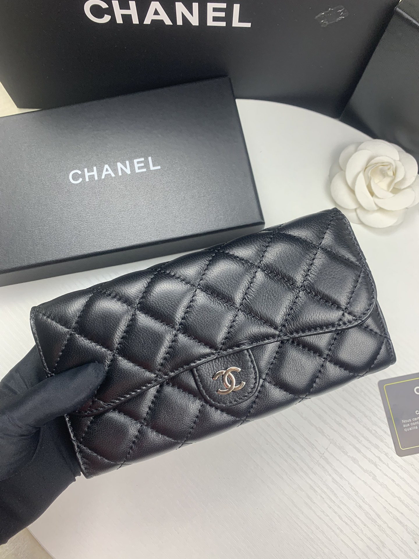 CHANEL FLAP WALLET BLACK SILVER 19.5 x10 cm