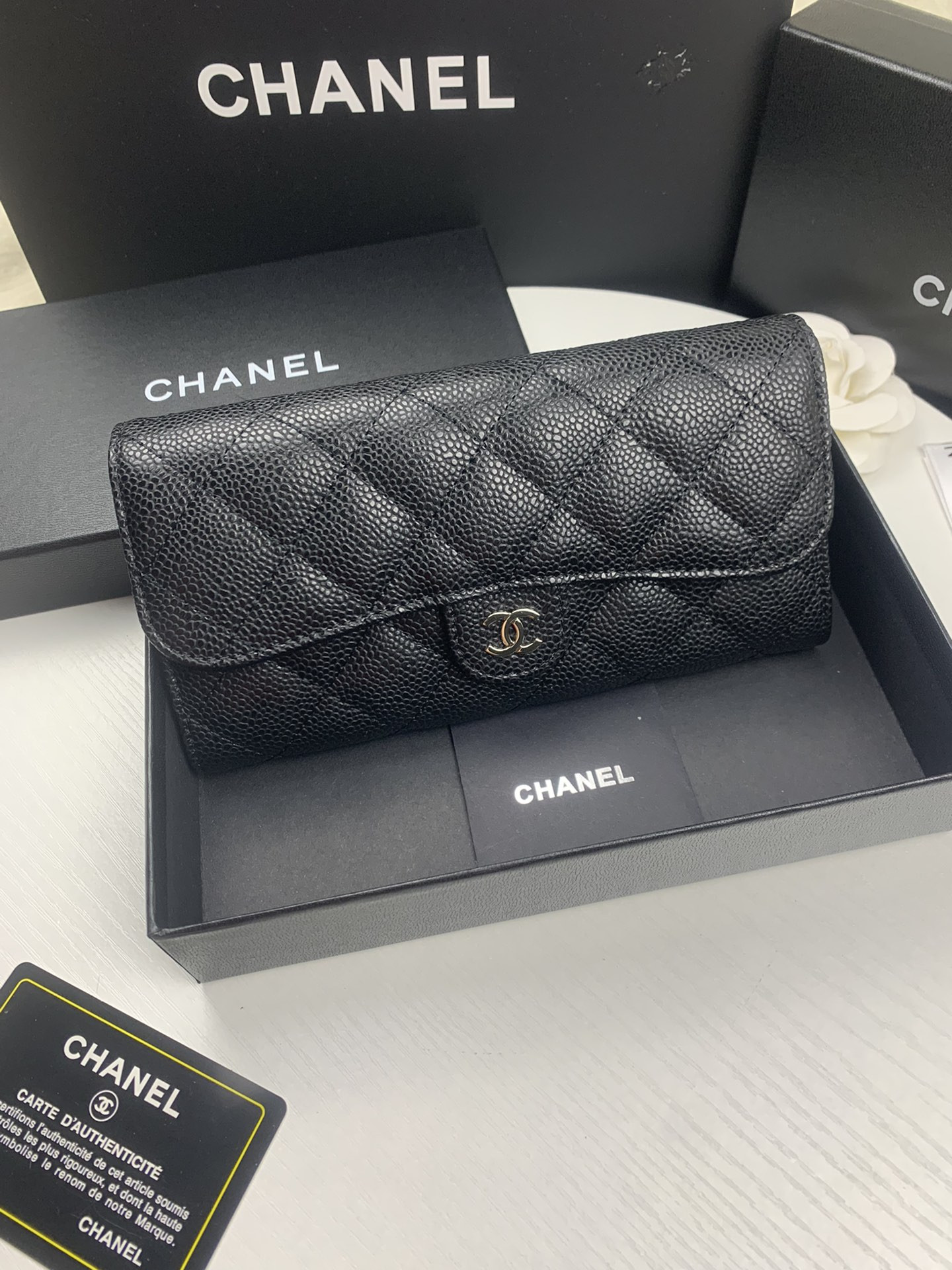 CHANEL FLAP WALLET GRAINED LEATHER BLACK 19.5 x10 cm