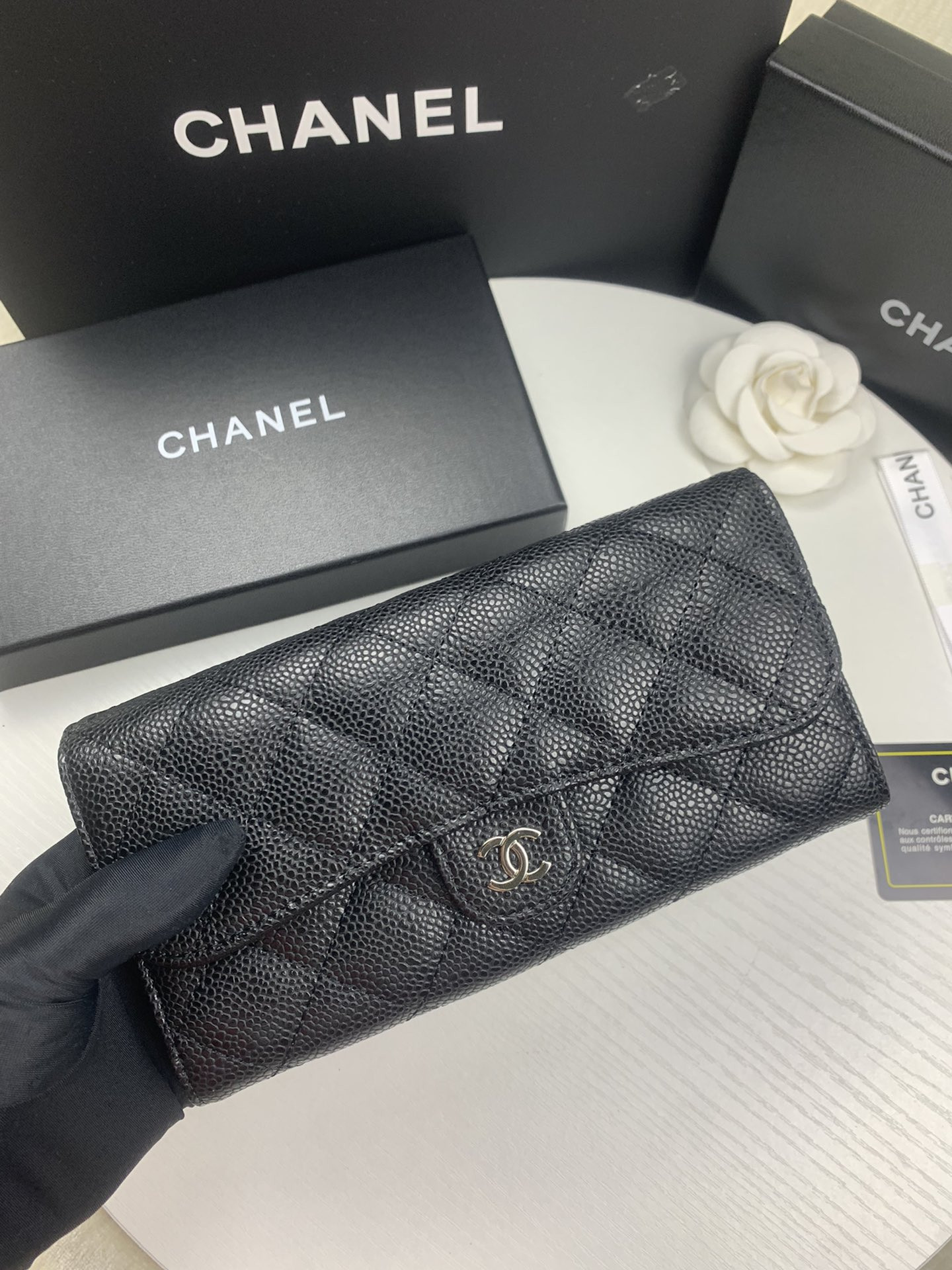 CHANEL FLAP WALLET GRAINED LEATHER BLACK 19.5 x10 cm