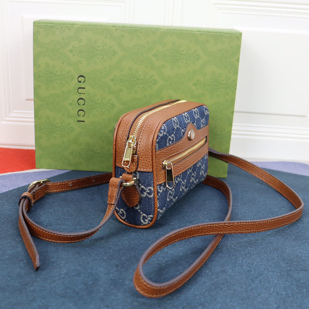 GUCCI OPHIDIA GG MINI TOP HANDLE BAG Denim Blue 6.8 W x 4.7 H x 2.1 D