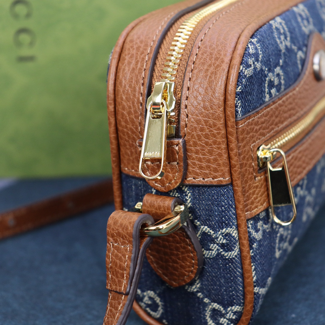 GUCCI OPHIDIA GG MINI TOP HANDLE BAG Denim Blue 6.8 W x 4.7 H x 2.1 D