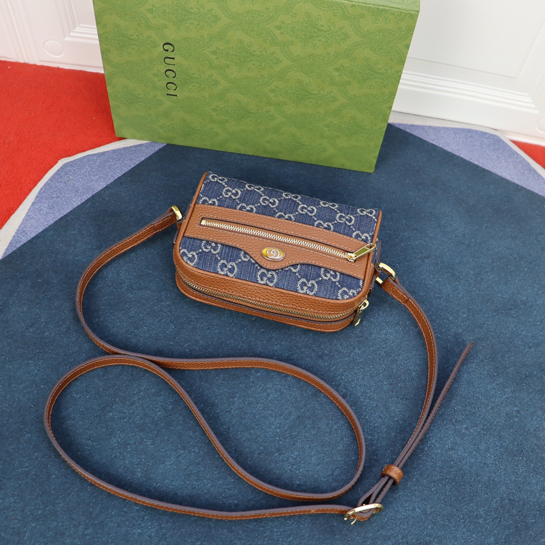 GUCCI OPHIDIA GG MINI TOP HANDLE BAG Denim Blue 6.8 W x 4.7 H x 2.1 D