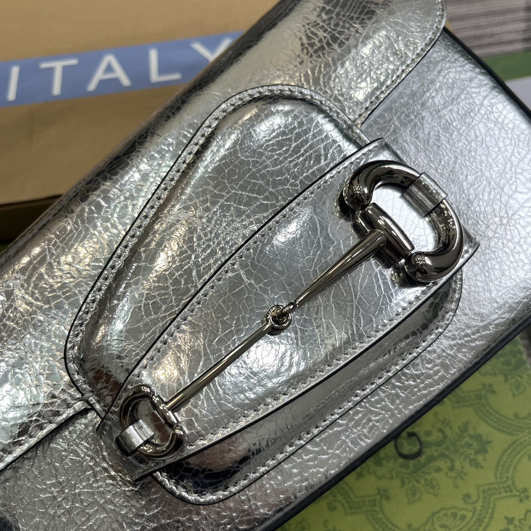 GUCCI HORSEBIT 1955 SMALL SHOULDER BAG Metallic silver 10.4"W x 6.7-4.1"H x 3.1-1.6"D