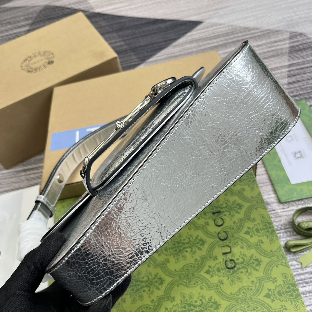 GUCCI HORSEBIT 1955 SMALL SHOULDER BAG Metallic silver 10.4"W x 6.7-4.1"H x 3.1-1.6"D