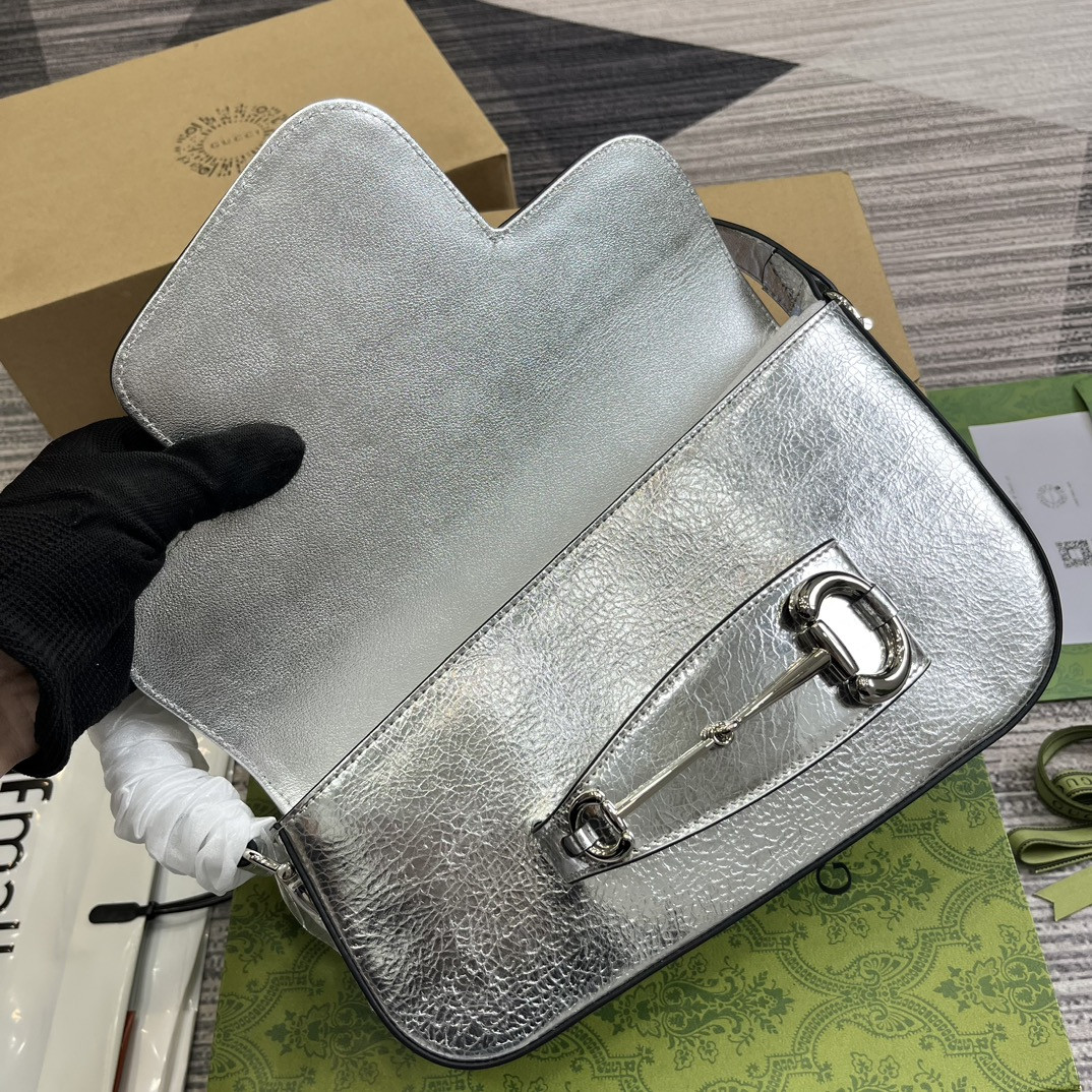 GUCCI HORSEBIT 1955 SMALL SHOULDER BAG Metallic silver 10.4"W x 6.7-4.1"H x 3.1-1.6"D