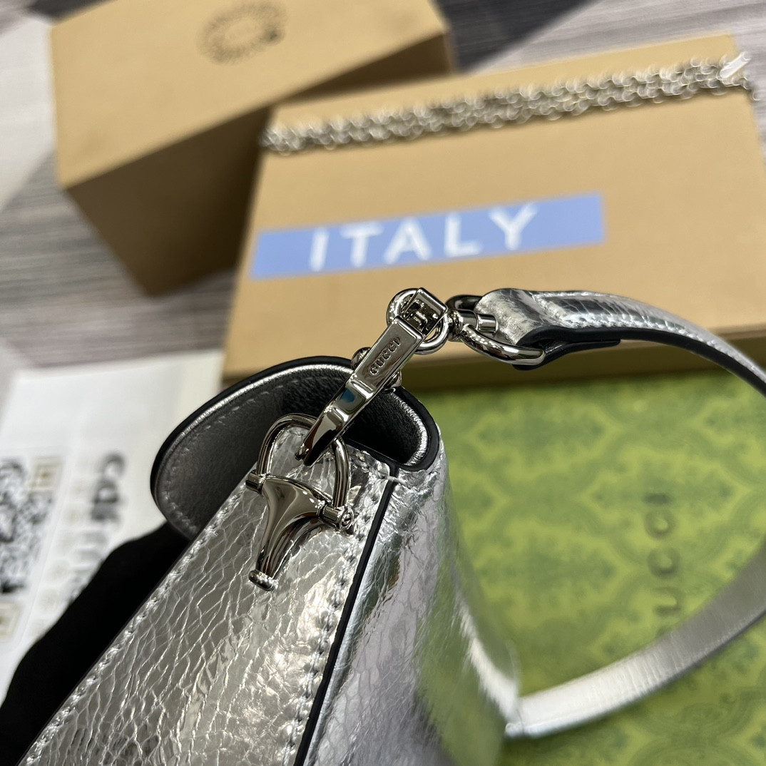 GUCCI HORSEBIT 1955 MINI SHOULDER BAG SILVER 7.7"W x 5-3.1"H x 2.4-1.2"D